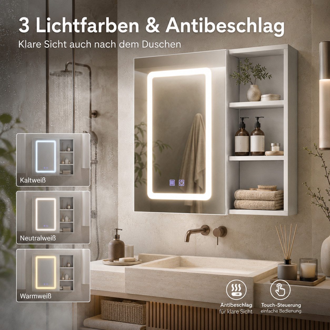 Simurq Badezimmerspiegelschrank Spiegelschrank Bad Mit LED, Offenes Regalen, Wandschrank Hängeschrank (Set, Spiegelschrank Mit LED Beleuchtung, 3 Farbtemperatur Dimmbare) Badezimmer Spiegelschrank Mit Verstellbarer Ablage, Offenes Regalen