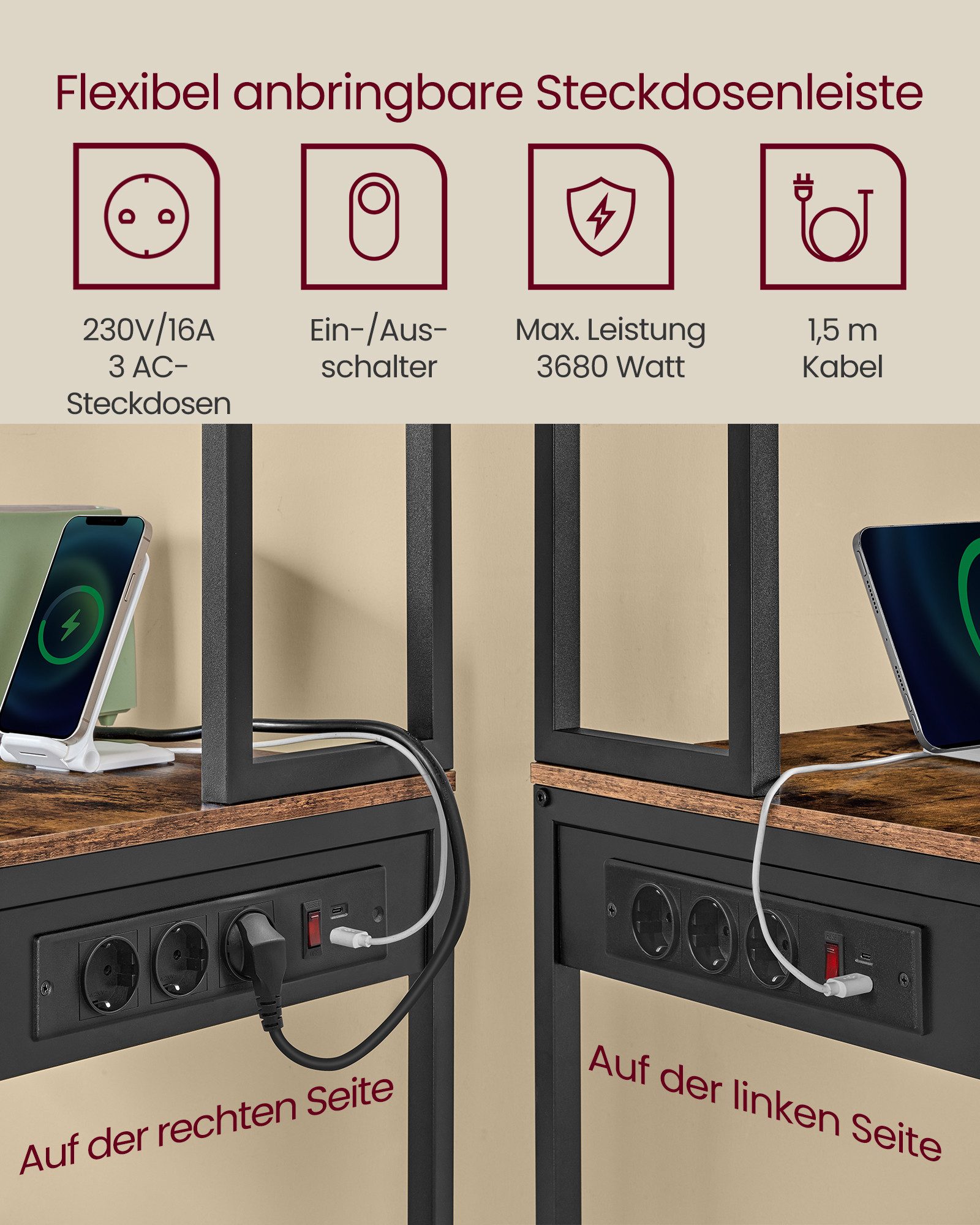 VASAGLE Standregal Küchenregal mit LED-Beleuchtung, Steckdosen, 8 Haken, mit verstellbaren Ablagen, 60 cm Breite, gesamtbelastbarkeit 190,4 kg