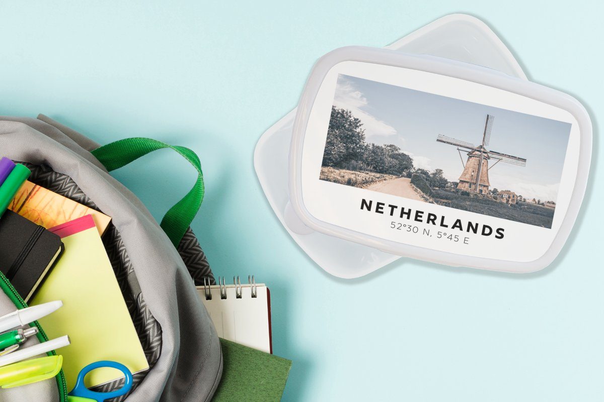 für Brotbox und (2-tlg), Niederlande Mädchen Erwachsene, weiß - und Jungs Brotdose, Windmühle - Kinder Lunchbox Sommer, für MuchoWow Kunststoff,