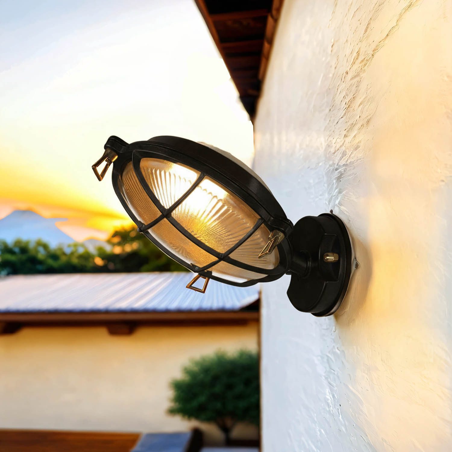 Licht-Erlebnisse Außen-Wandleuchte SERIFOS, ohne Leuchtmittel, Echt-Messing Glas E27 IP64 Schwarz rund Maritim