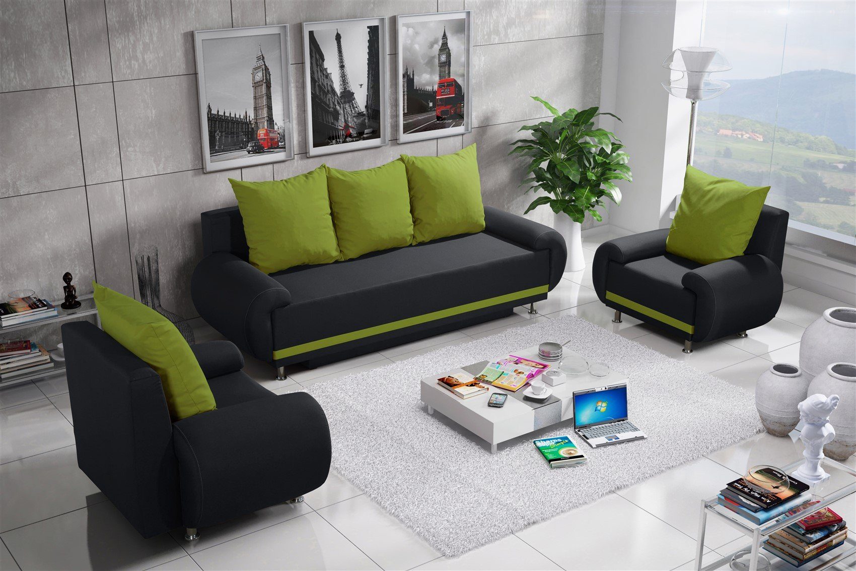 Fun Möbel Polstergarnitur Sofaset Designersofa 3-tlg), (inkl. Schlaffunktion Anthrazit-Limette Rückenkissen, 5 3-Sitzer Stoff, beim in und Bettkasten 3-1-1 MIKA