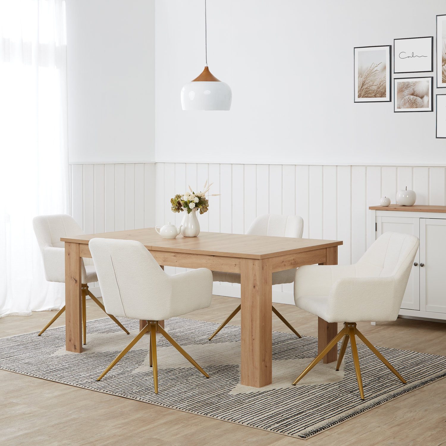 Homestyle4u Essgruppe Esstisch 90x160 4 Stühle Bouclé Eiche Küchentisch Sitzgruppe Sessel, (Set, Esszimmergruppe 5 teilig, 5-tlg., Esszimmergruppe 5 teilig, Set/Komplettset), Essstuhl