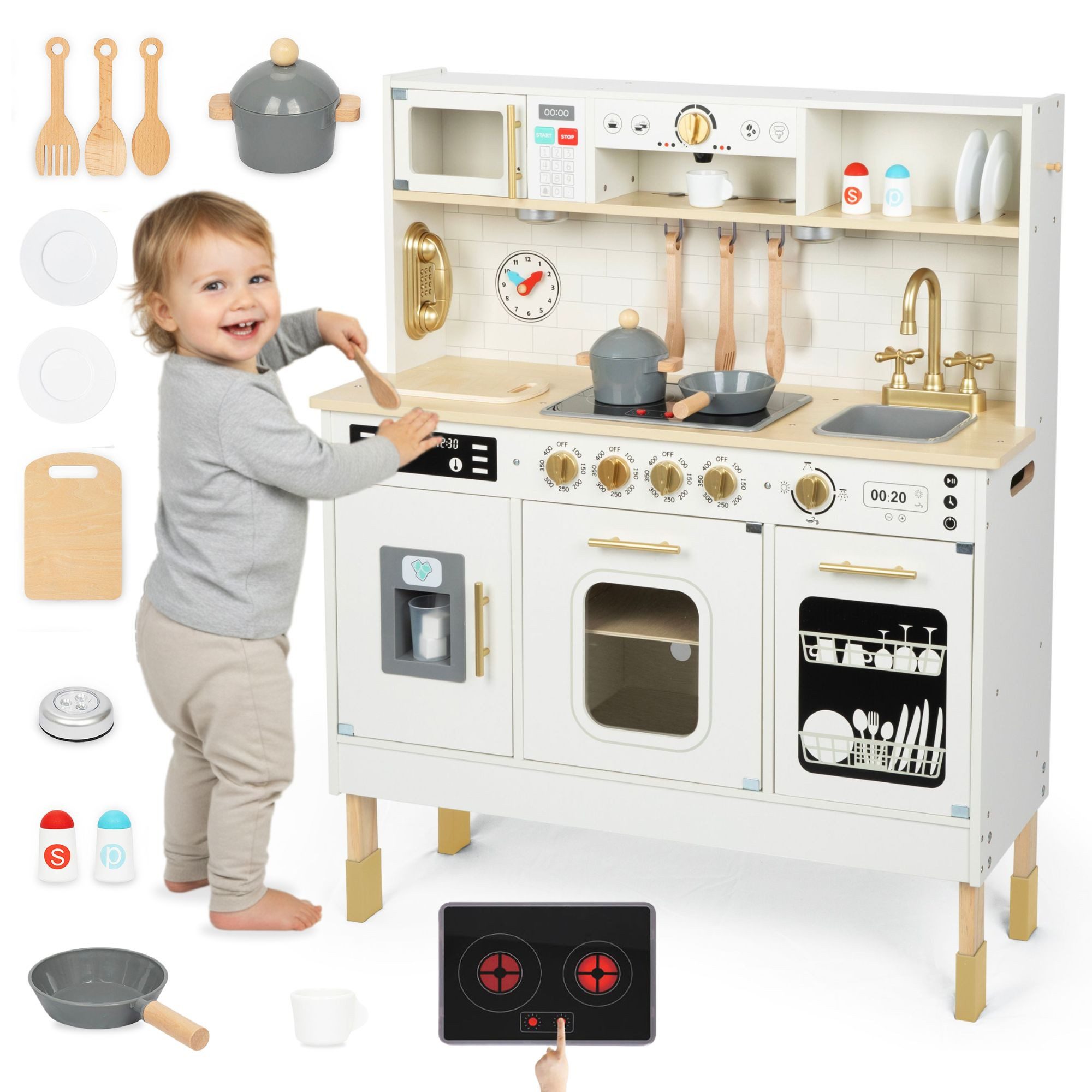 Mamabrum Kinder-Küchenset Holzküche für Kinder mit LED-Beleuchtung, Interaktive XXL