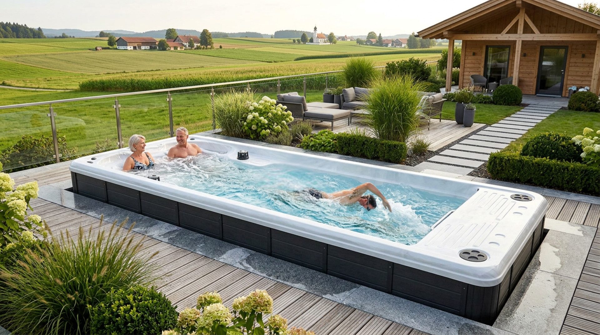 SPA Kompagniet Whirlpool Scandinavic Wood Art "Linosa" Swim Spa Gegenstrom Doppelturbine, Aufstellbecken, (Komplett mit Doppelturbine, Thermo-Cover, 2 Filtern und LED-Licht), Doppelturbine mit 98-cm-Pro-Swim-Jet und zwei Eisboxen