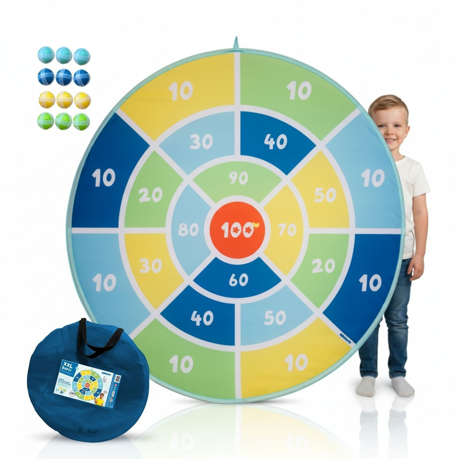 alldoro Softdarts XXL Dartscheibe 142cm – Klett-Dartspiel für Kinder ab 3 Jahren, riesige, faltbare Klettwurfscheibe zum Aufhängen, mit 12 bunten Bällen