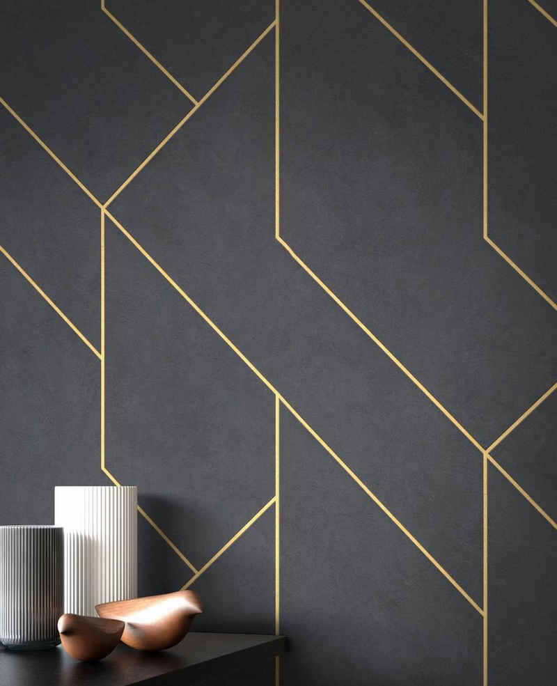 Newroom Vliestapete, Schwarz Tapete Modern Linien - Muster Gold Grafiktapete Mustertapete Grafik Grafisch Geometrisch für Wohnzimmer Schlafzimmer Küche