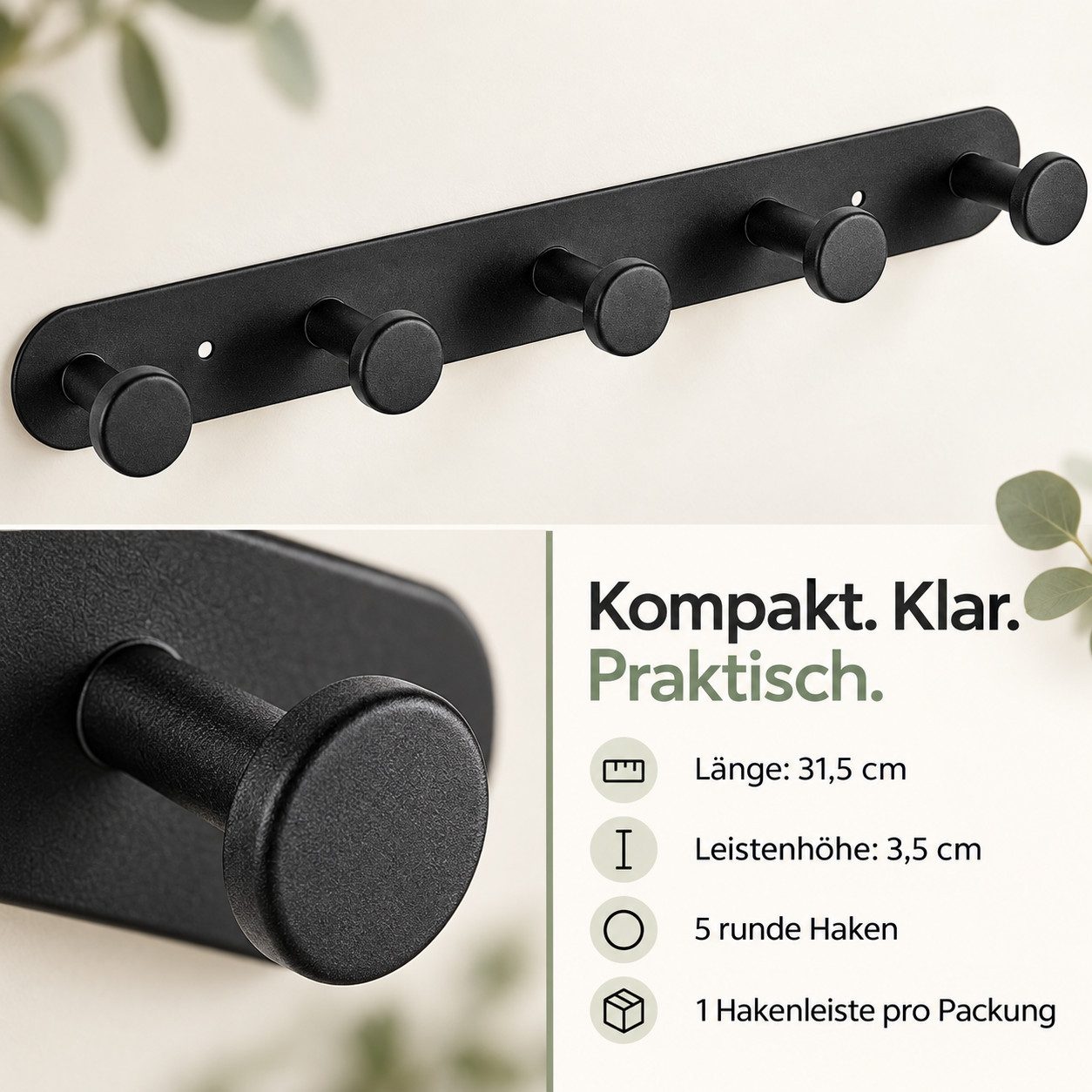 GOLDEN Kleiderhaken Hakenleiste schwarz, 5 Haken, 31,5 cm, kleben oder schrauben – Bild 5 von 5