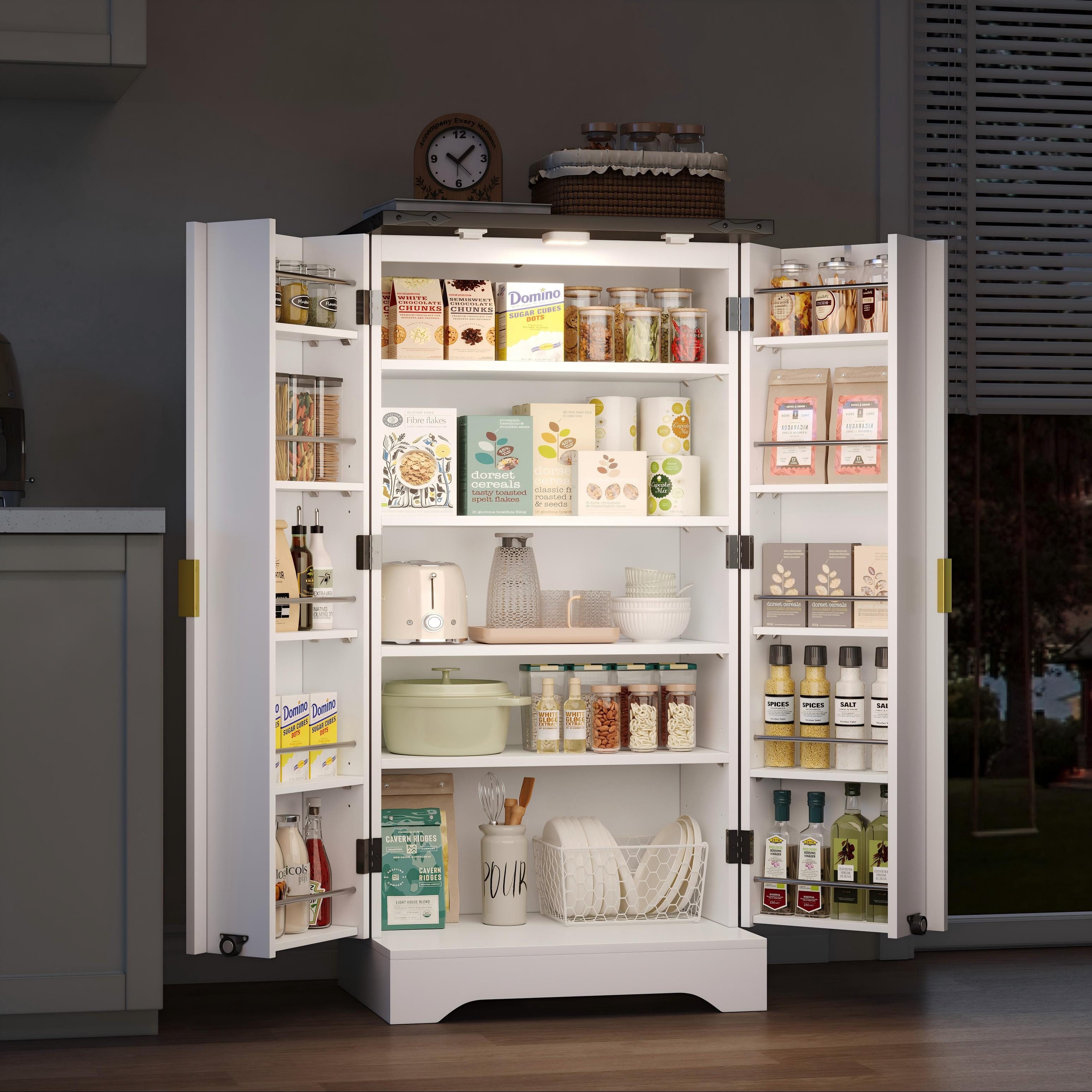 Flieks Hochschrank Küchenschrank mit LED-Sensorlicht und Türablagen (1-St., B60,5/T40/H120 cm) Mehrzweckschrank mit Gewürzregal und verstellbaren Regalböden Weiß