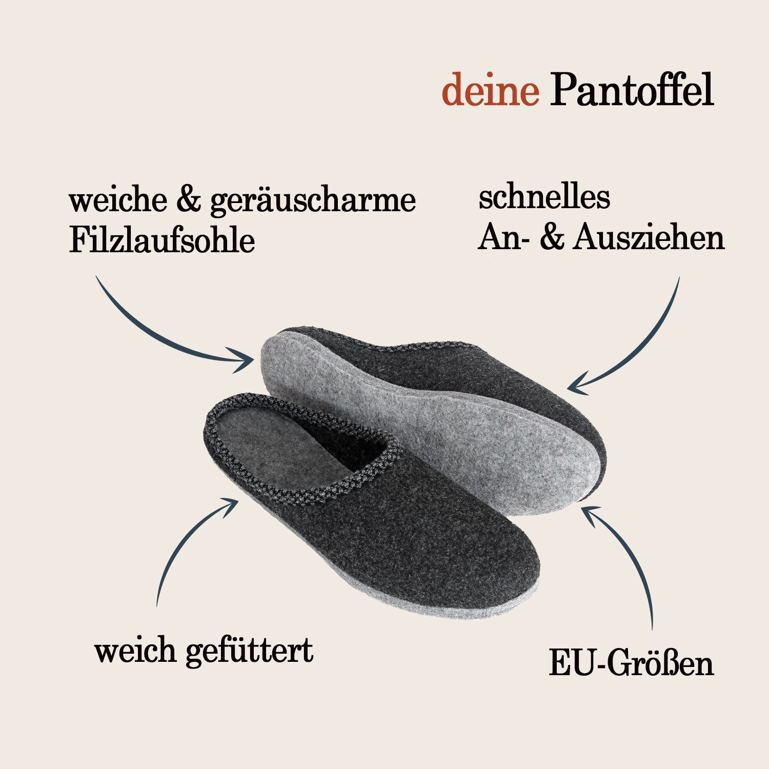 Pantoffelmann Walk-Filzpantoffel Herren Damen Filz Hausschuhe warme Filzlatschen Pantoffel (1 Paar) Filzpantoffeln, Gästepantoffel besonders leicht