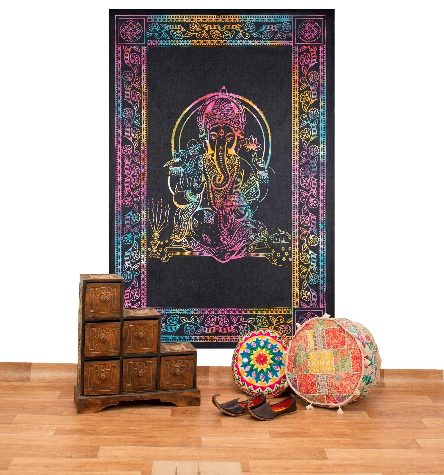 KUNST UND MAGIE Wandteppich UV Tuch Ganesha Tagesdecke Wandbehang Deko Meditation Goa 200x135 cm