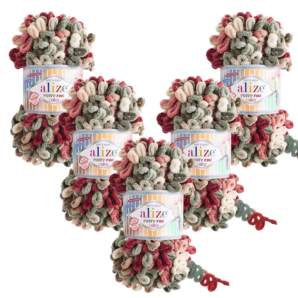Alize 5 x ALIZE Puffy Fine Color Häkelwolle, 14,6 m (500 Meter), Deckengarn, Fingerstrick-Wolle,Chenillegarn, Kuschelweich, Babywolle