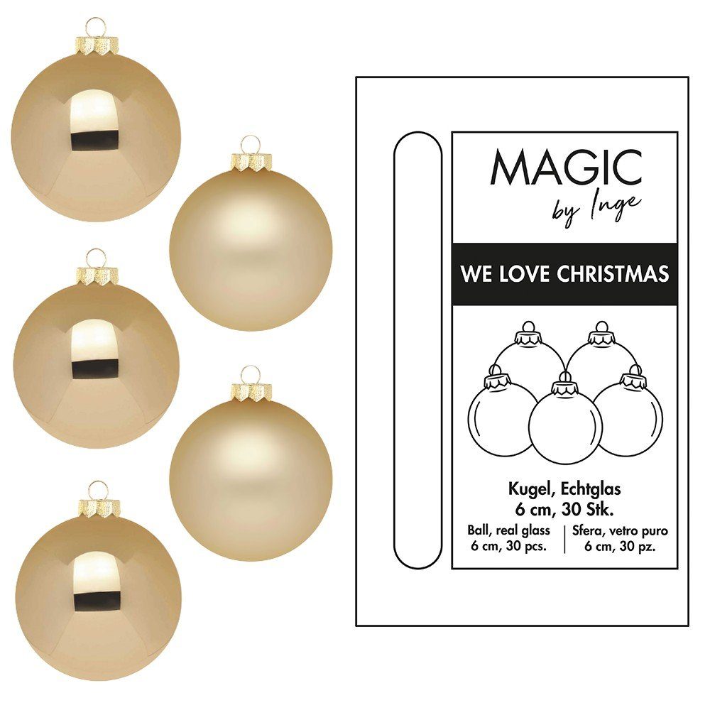 MAGIC by Inge INGE-GLAS® Christbaumschmuck Inge's Glas-Weihnachtskugeln 30 Stück 6 cm Brokatgold, Baumschmuck, Weihnachtsdekoration