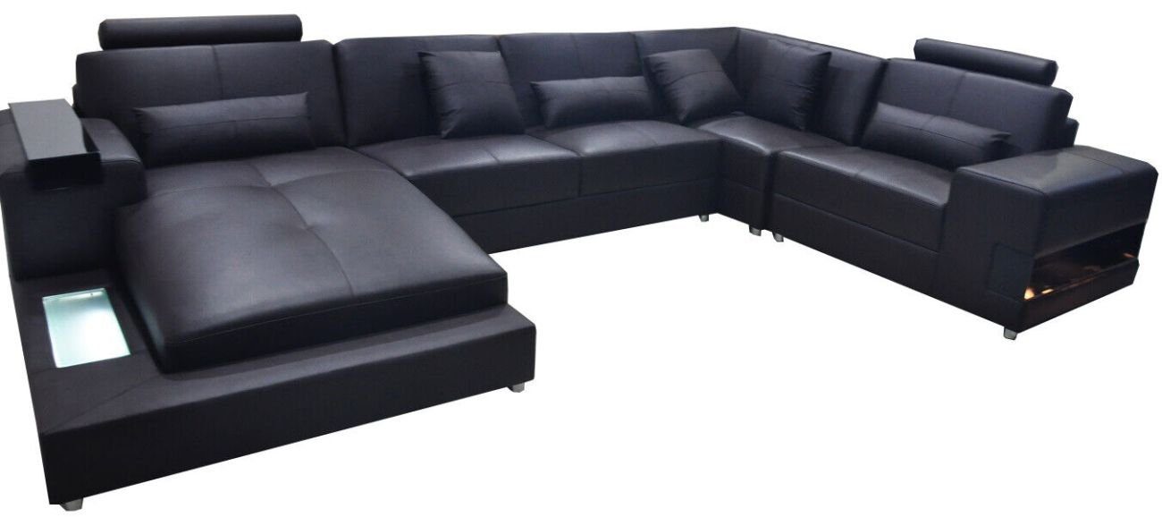 JVmoebel Ecksofa Ledersofa Couch Wohnlandschaft Eck Garnitur Modern Sofa U-Form mit USB Schwarz
