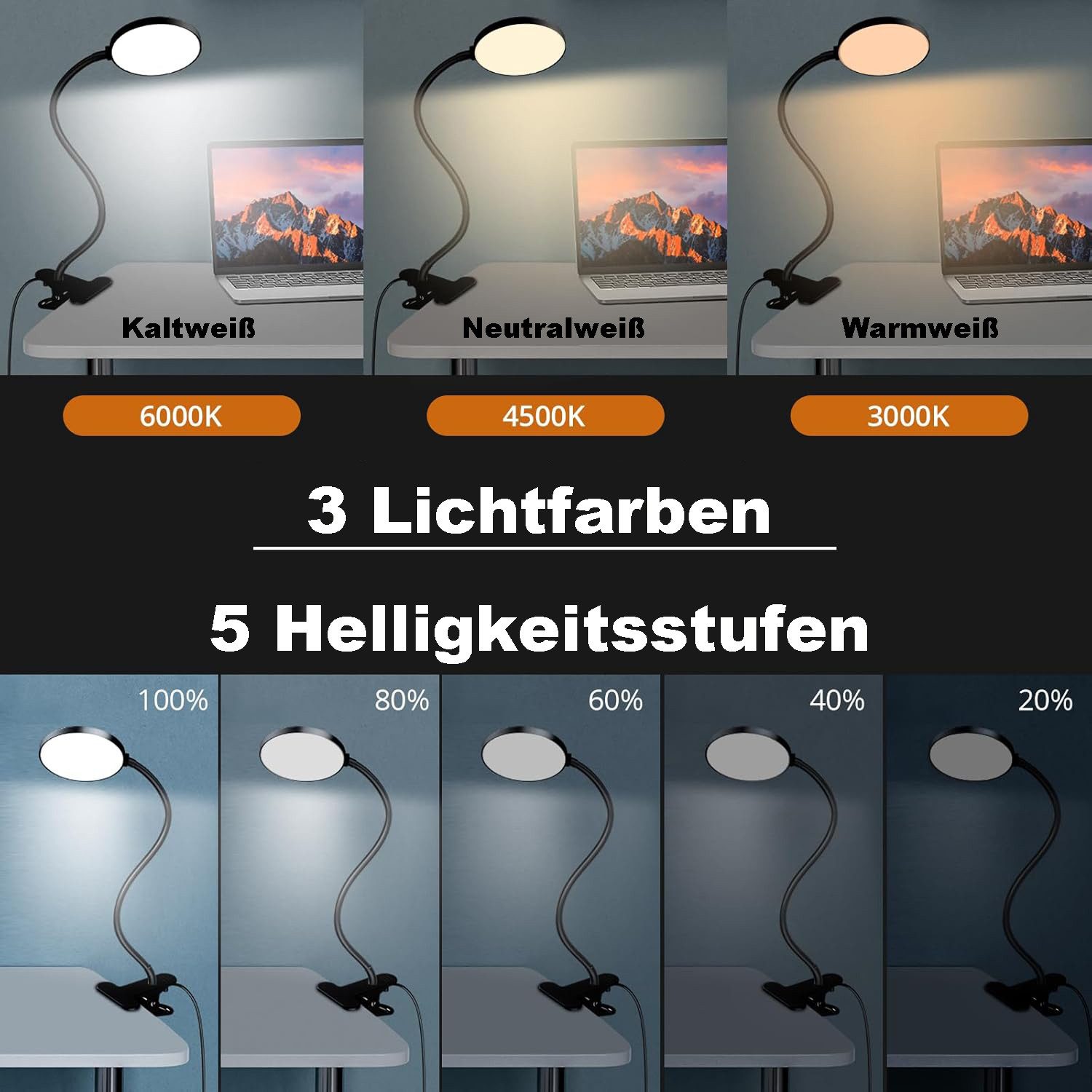 Rosnek LED Leselampe LED Klemmleuchte Dimmbar 3 Lichtfarben, Schreibtischla günstig online kaufen