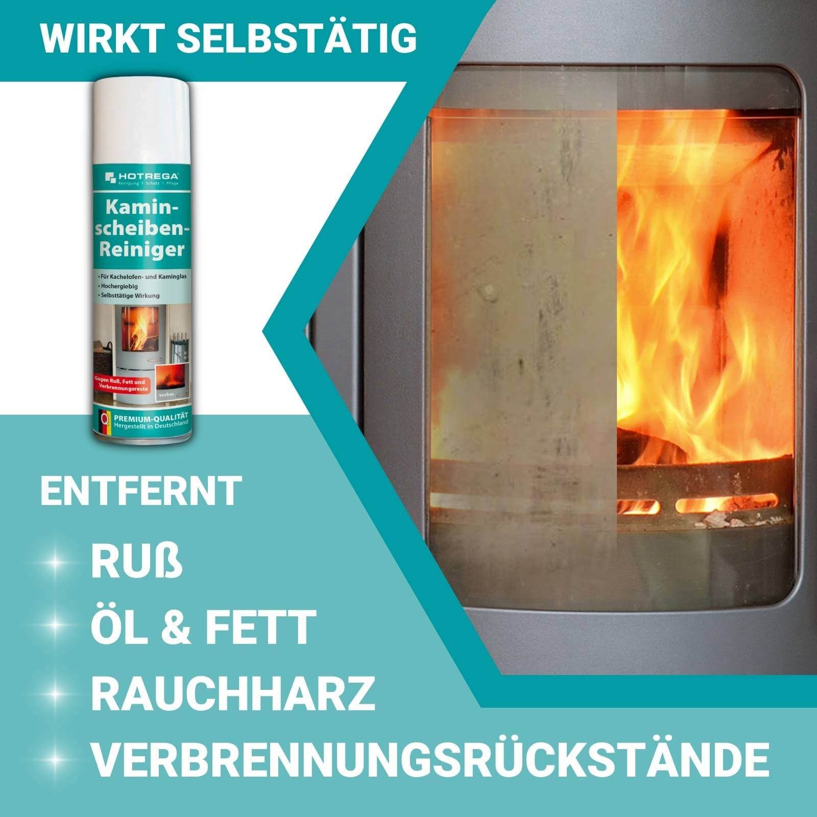 HOTREGA® Kaminscheibenreiniger Ofenreiniger Ruß Harz Glas 300ml mit Handschuhen Scheibenreiniger