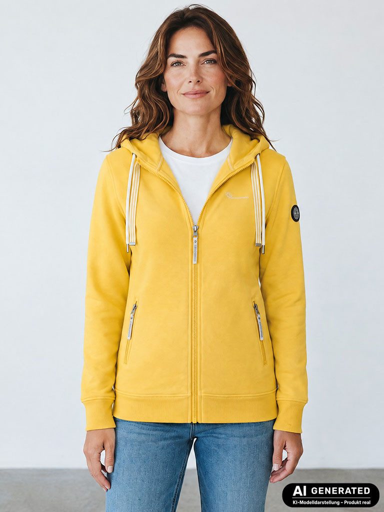 Coastguard Kapuzensweatjacke Damen Sweatjacke mit Kapuze - Weiche Kapuzenjacke Übergangsjacke Längere Form, Zwei Kordelarten in Kontrastfarbe, Reißverschlusstaschen