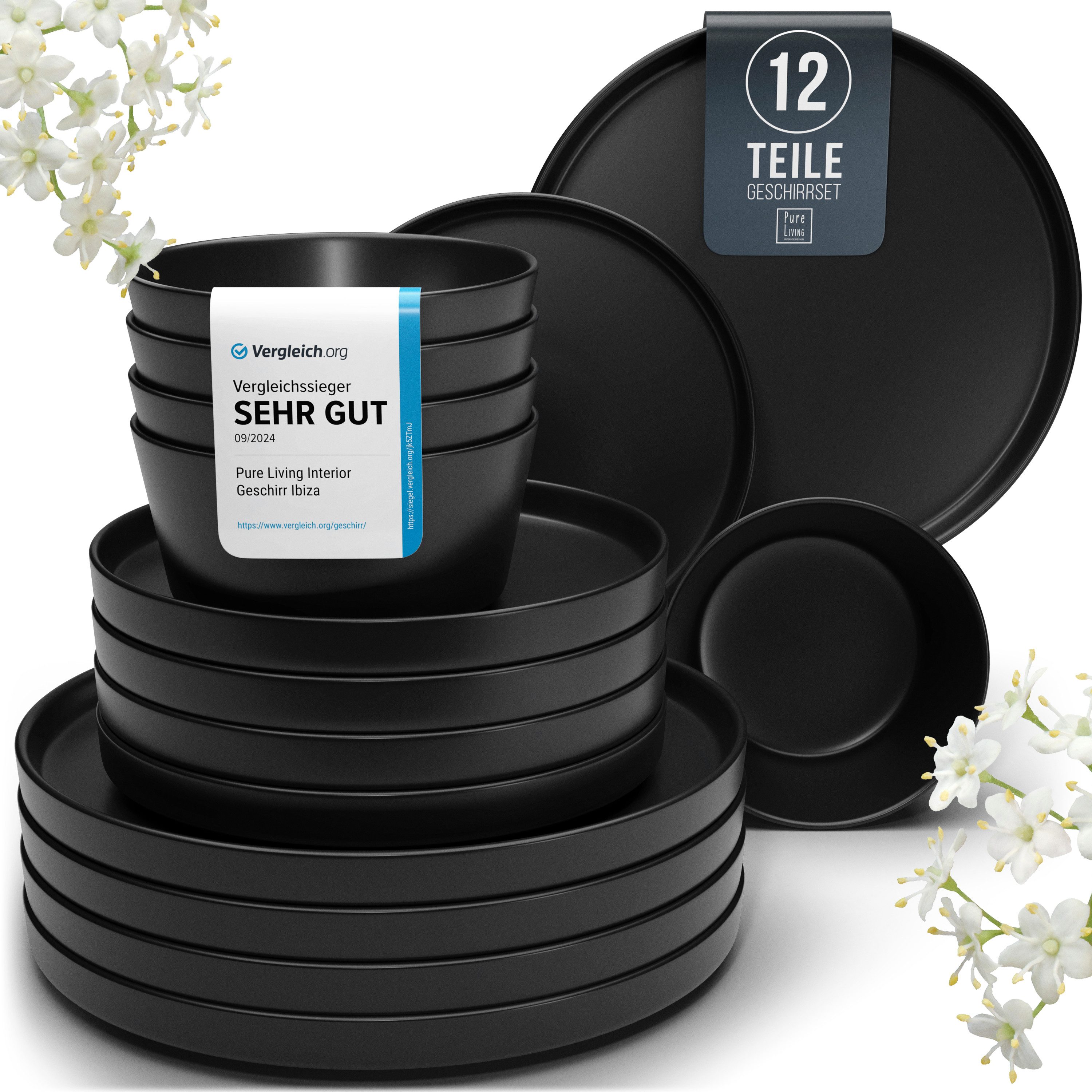 PURE LIVING INTERIOR DESIGN Geschirr-Set Manhattan aus Steingut, 12-tlg., für 4 Personen, Schwarz (12-tlg), 4 Personen, Steingut