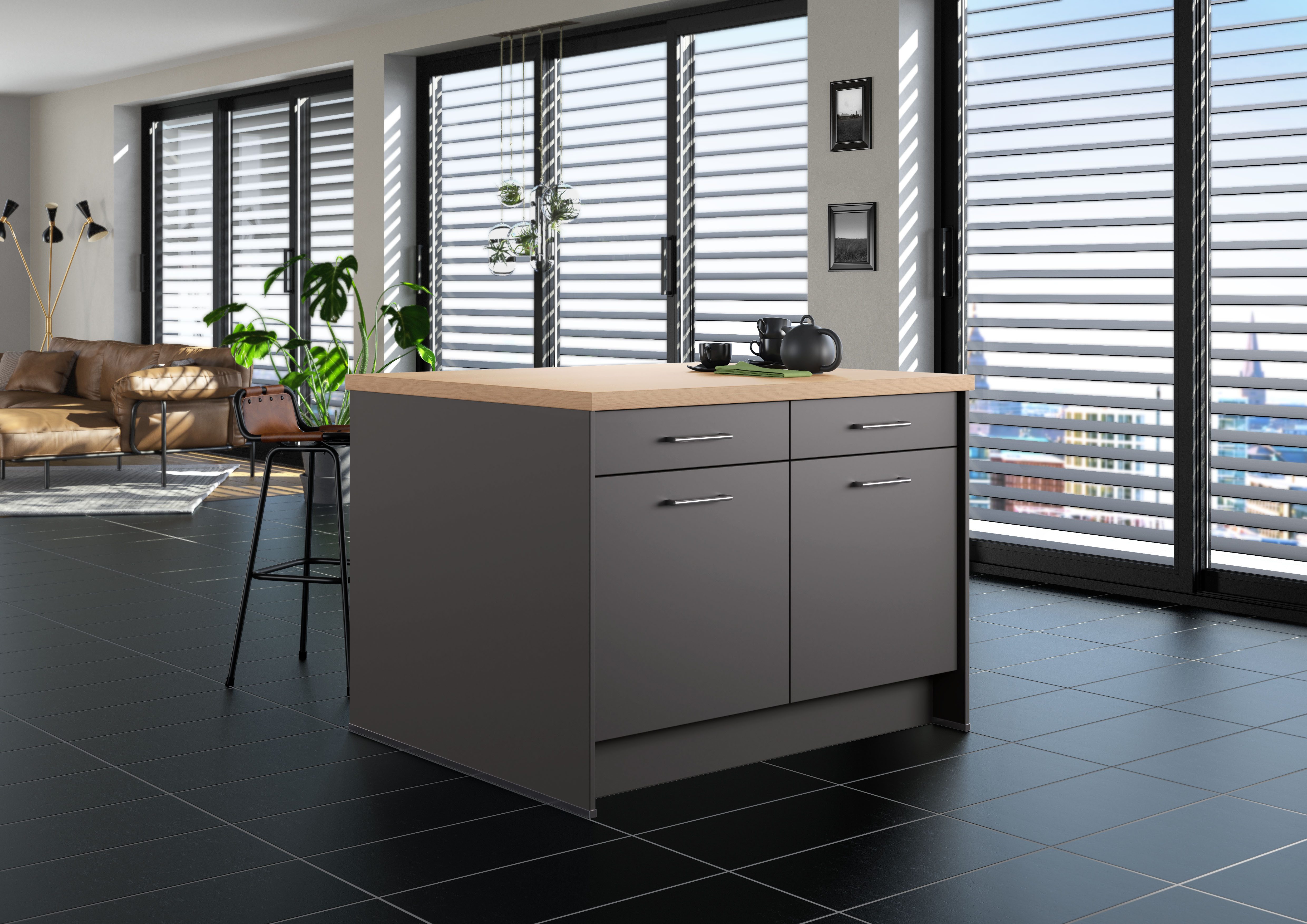 IMPULS KÜCHEN Kücheninsel Kopenhagen, flexibel stellbar, Schubkästen mit Soft-Close, (Set), vormontiert, mit integriertem Sitzplatz auf einer Seite, Breite 123 cm