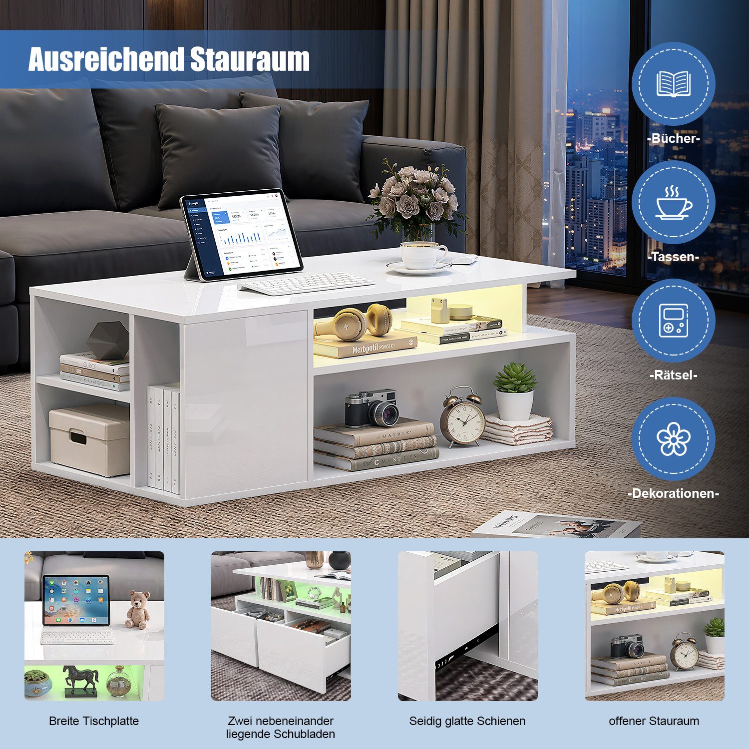 oyajia Couchtisch Wohnzimmertisch Hochglanz mit LED Beleuchtung & Fernsteuerung APP (Bluetooth-Fernbedienung.App-Steuerung, offenen Fächern,stabil, pflegeleicht – Bild 5 von 5