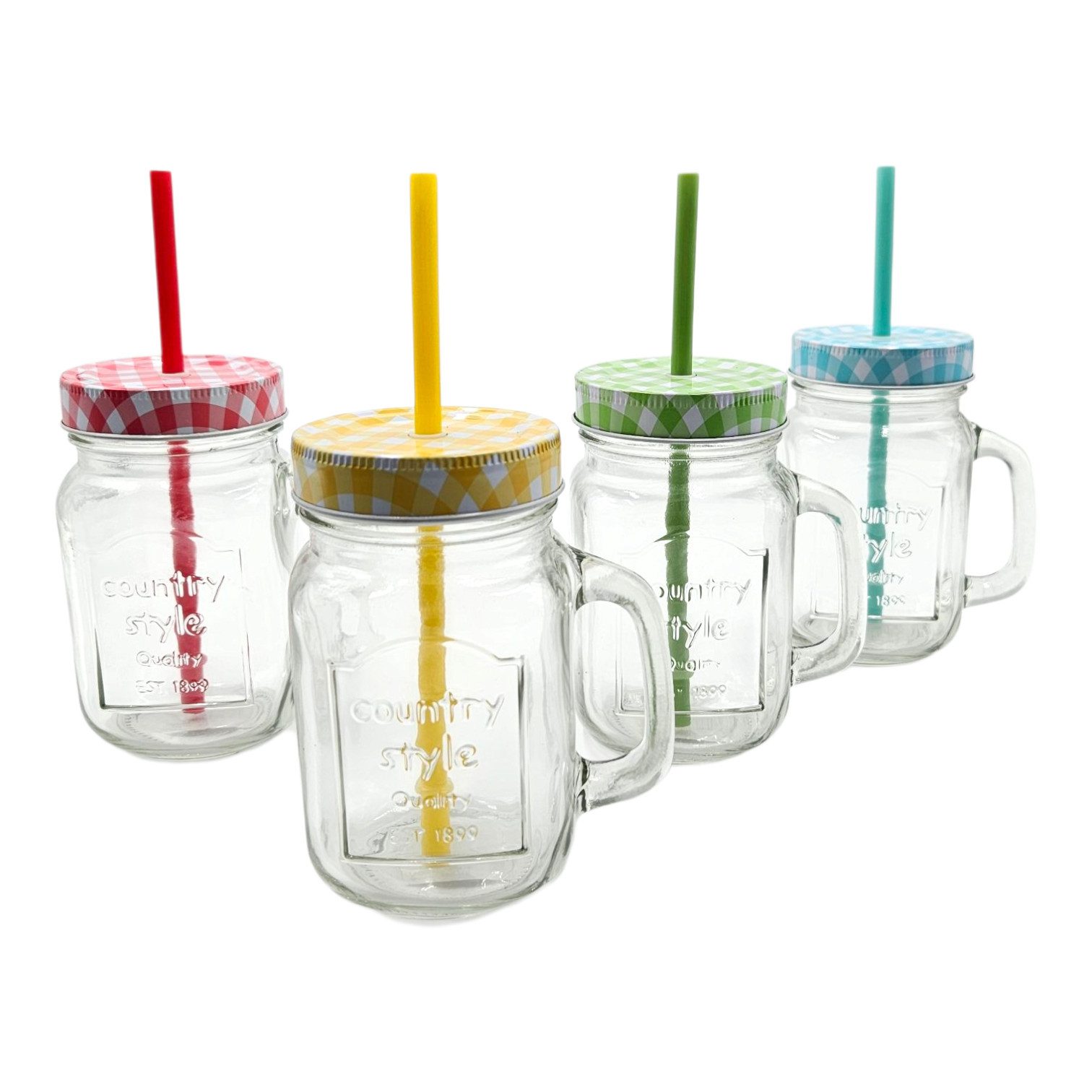 OSMA Werm Glas 4er Set Trinkgläser mit Henkel, Deckel & Strohhalm- Bunt, 4-tlg., Bunte Trinkgläser mit Deckel – robuster Schutz vor Insekten