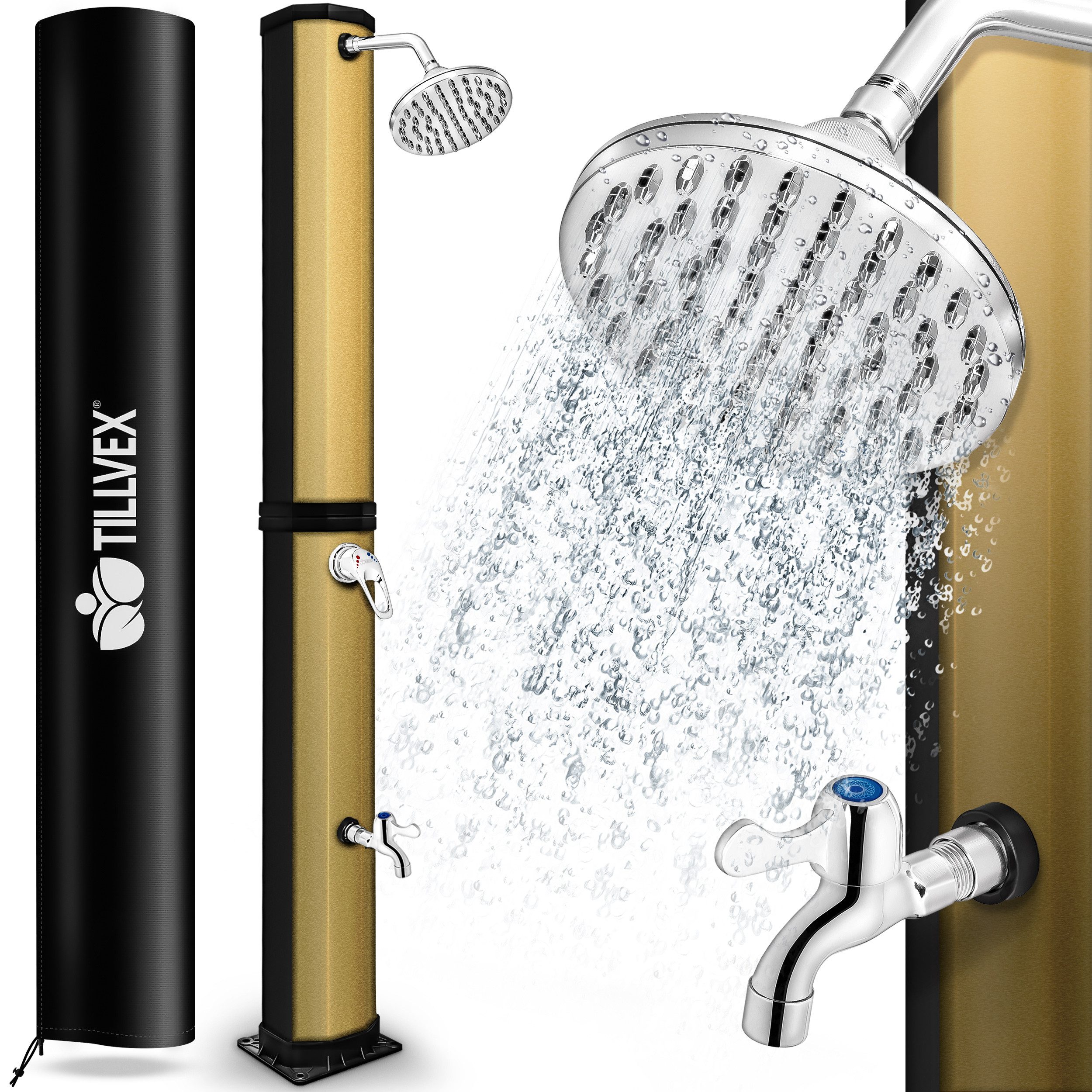 tillvex Solardusche Solar Gartendusche 35 Liter inklusive Schutzhaube, warmes Wasser, Pooldusche Camping ohne Strom