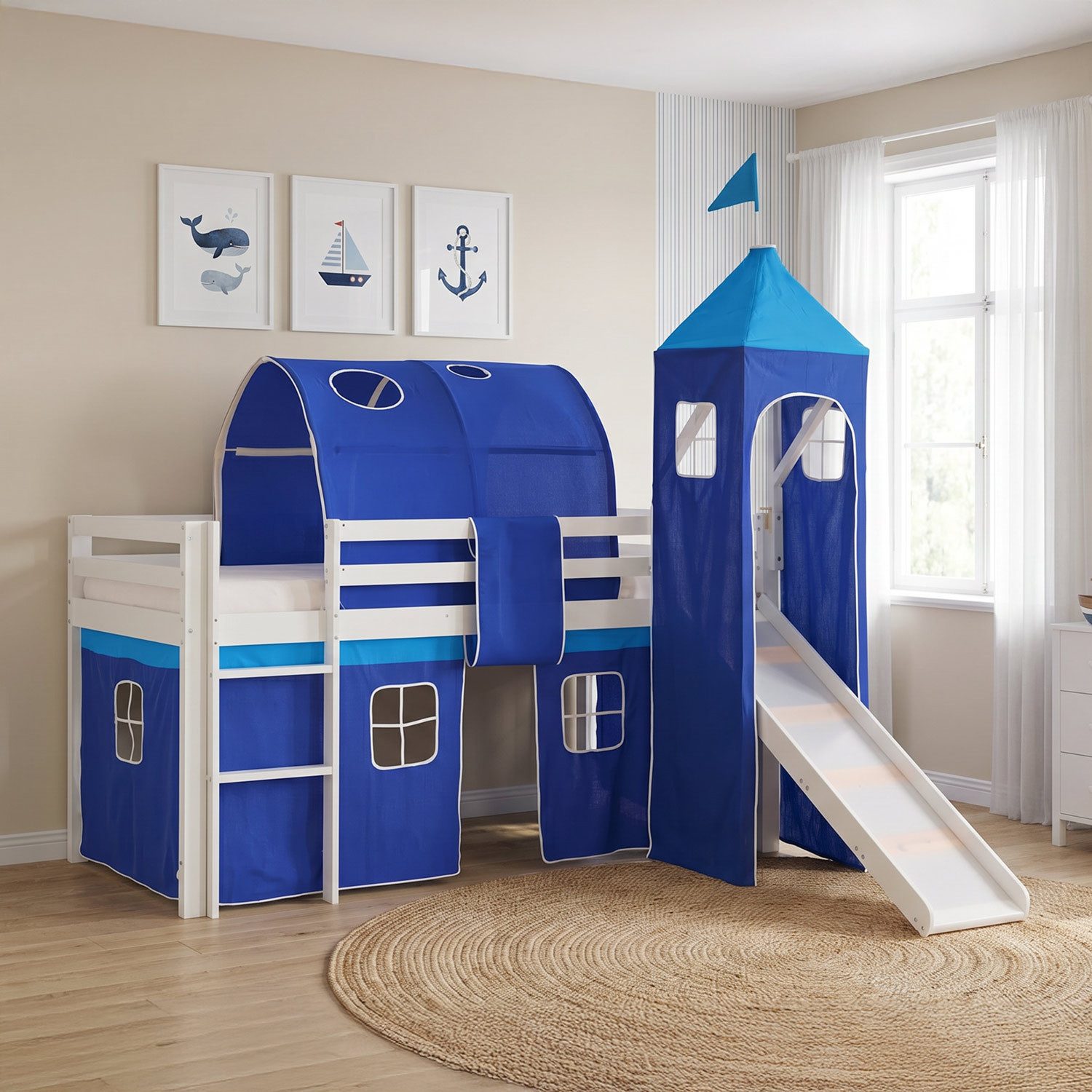 Homestyle4u Hochbett Kinder mit Rutsche 90x200 mit / ohne Matratze Holz Blau Jungen (Set, mit Tunnel, Turm, Rutsche, Lattenrost) mit Rausfallschutz, Blau, Junge Spielbett