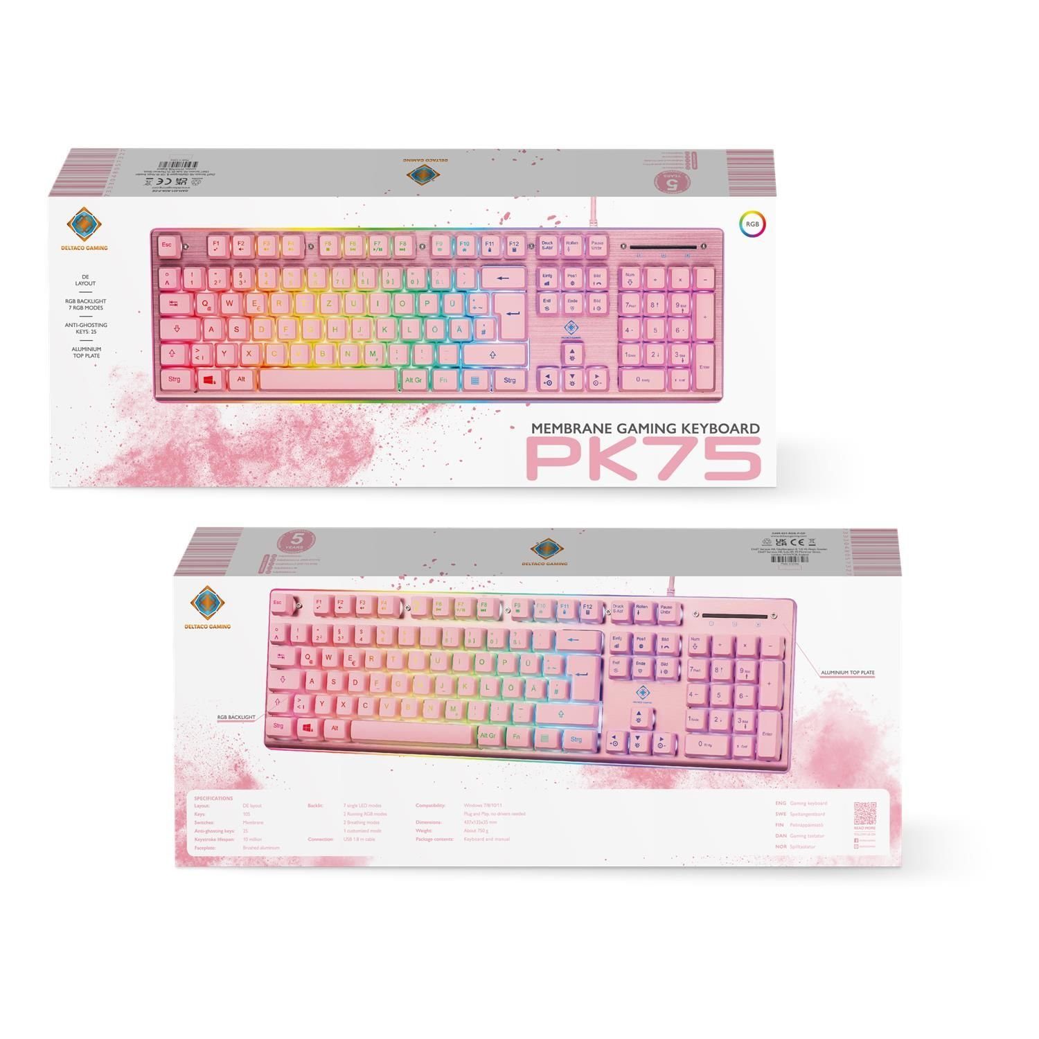 RGB, / rosa) RGB-Beleuchtung, (Oberfläche DELTACO pink Aluminium, Gaming-Tastatur Gaming (Membran, Aluminium, Tastatur aus Anti-Ghosting)