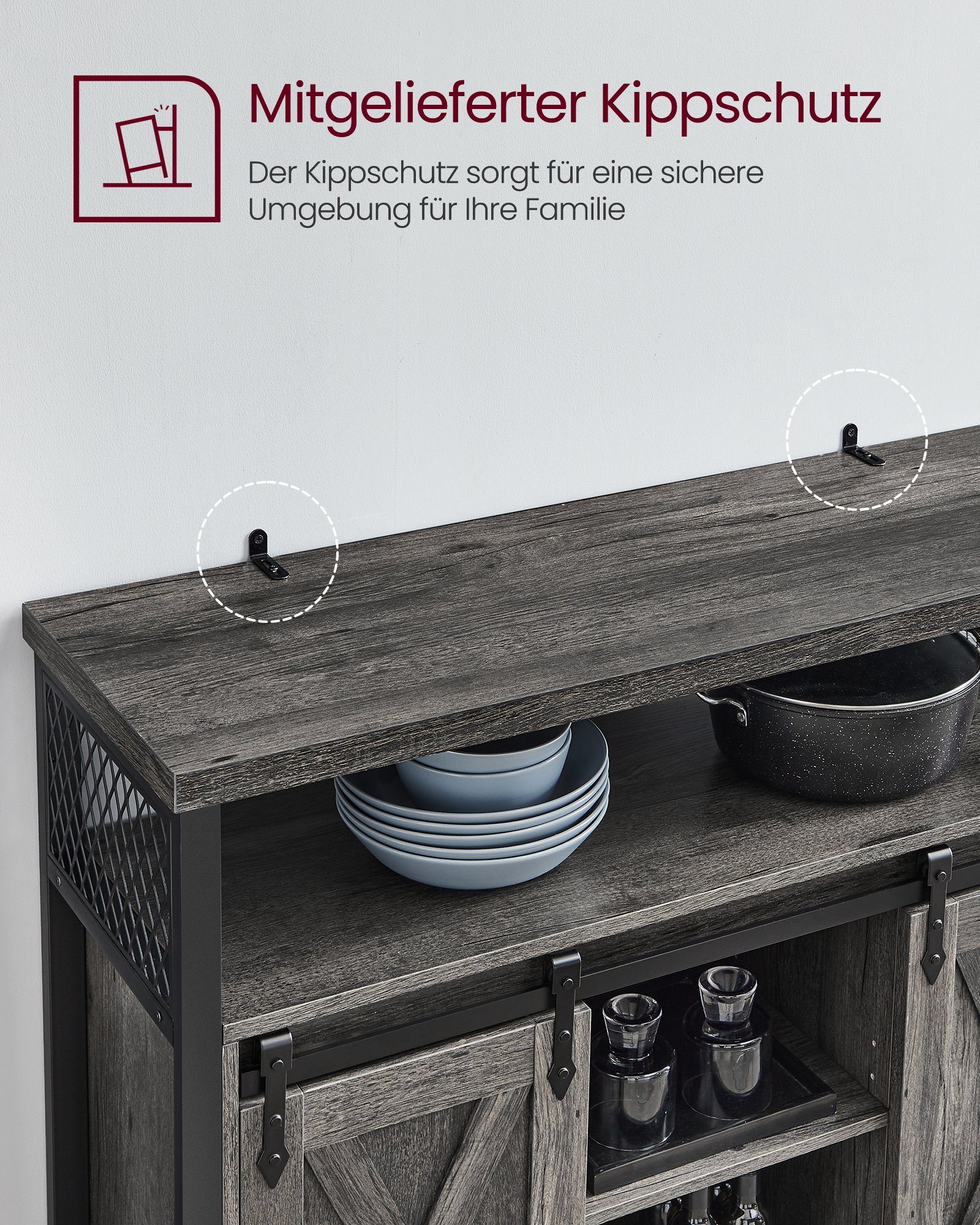 2 Küchenschrank, Sideboard Ablagen mit anthrazitgrau-schwarz verstellbare VASAGLE Schiebetüren,
