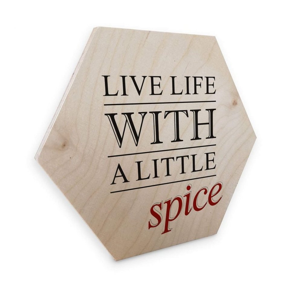 K&L Wall Art Gemälde Hexagon Holzbild Live life with Spice Schriftzug  Vintage Wohnzimmer, Wandbild Birke-Furnier naturbelassen