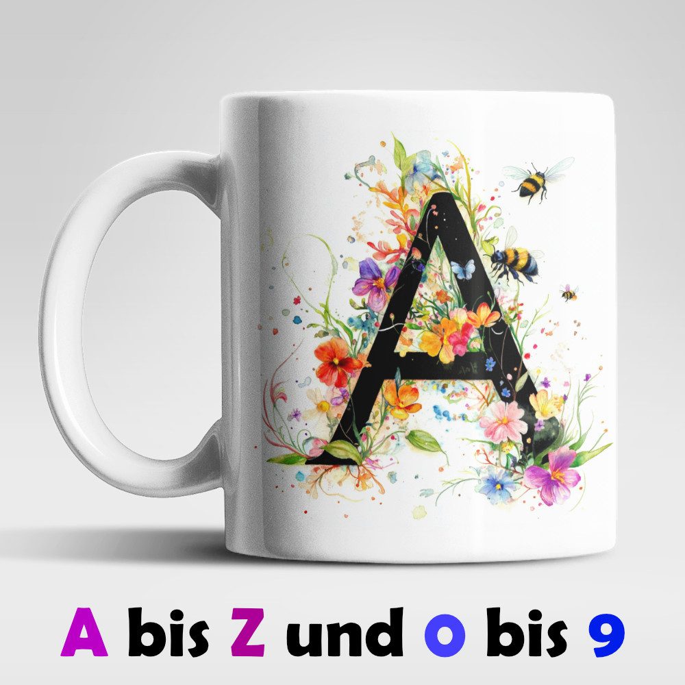 Tasse Name A bis Z und 0 bis 9 Blumen Bienen Kaffeetasse Teetasse Geschenk
