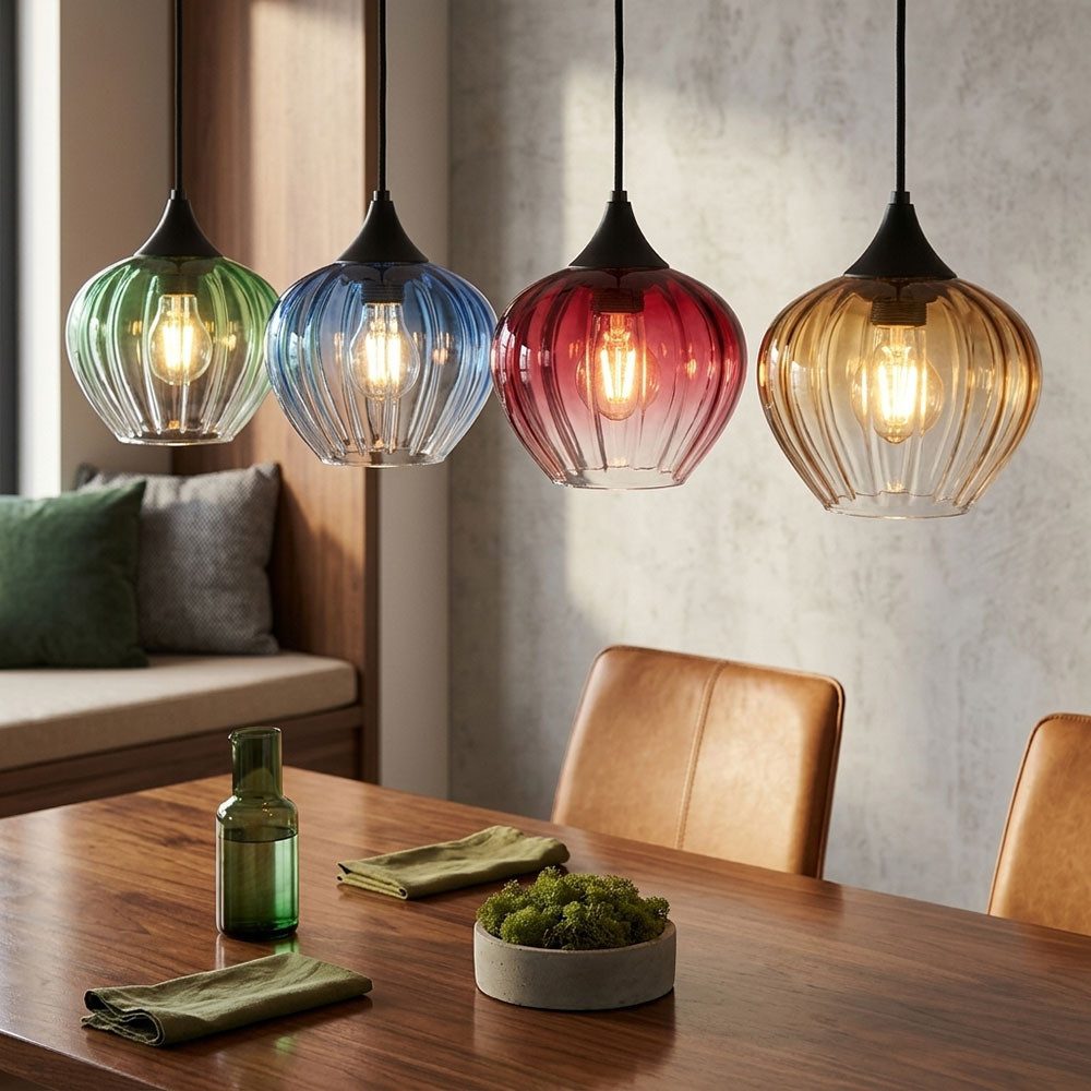 GLOBO LIGHTING LED-Hängeleuchte, Leuchtmittel inklusive, Farbig, LED Hängeleuchte Metall Glas schwarz Gitteroptik 4-flammig H 120 cm