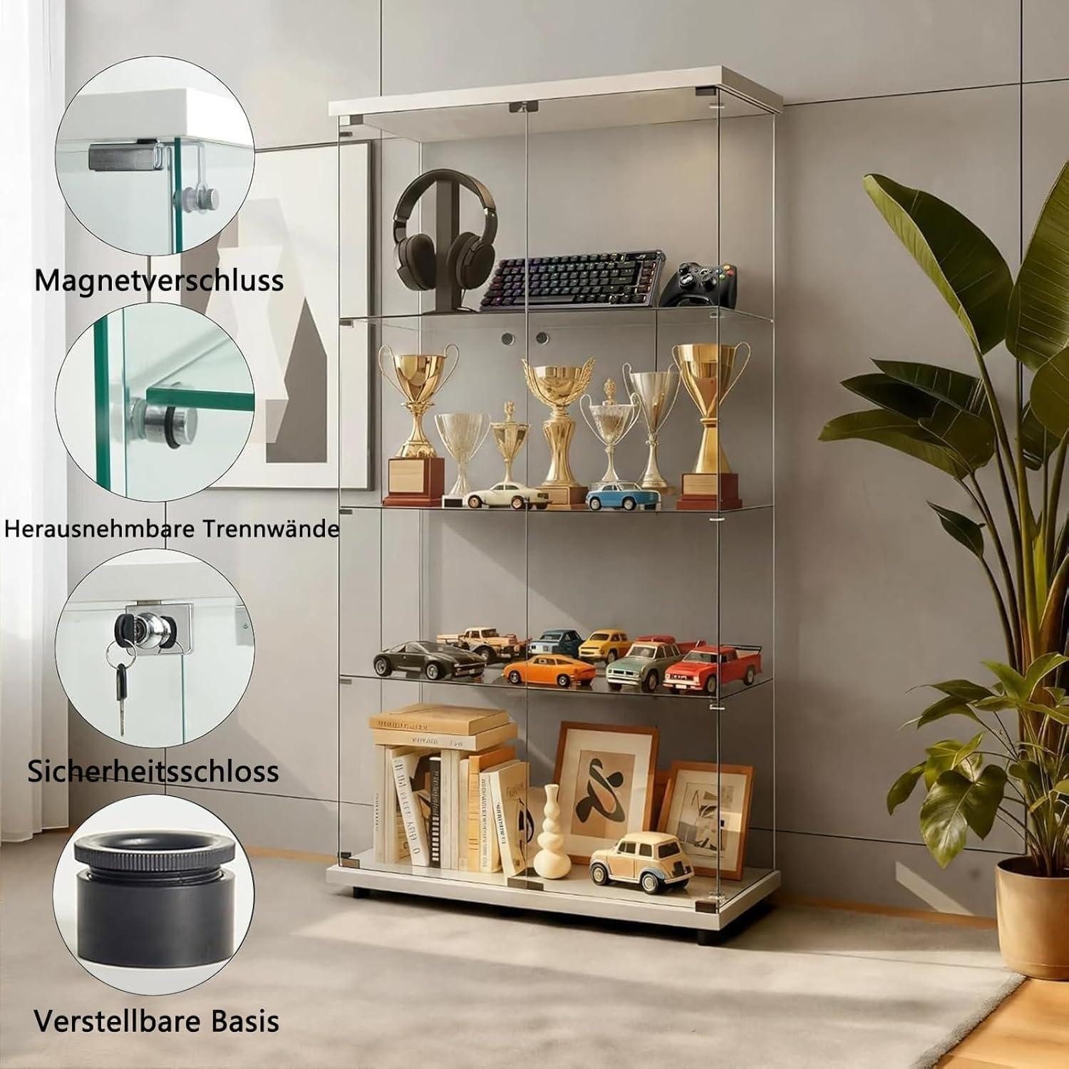 LuxusKollektion Glasvitrine Vitrine Glas 164.5cm Standvitrine 2 Tür 4 Lagen Weiß 2 Tür 4 Lagen