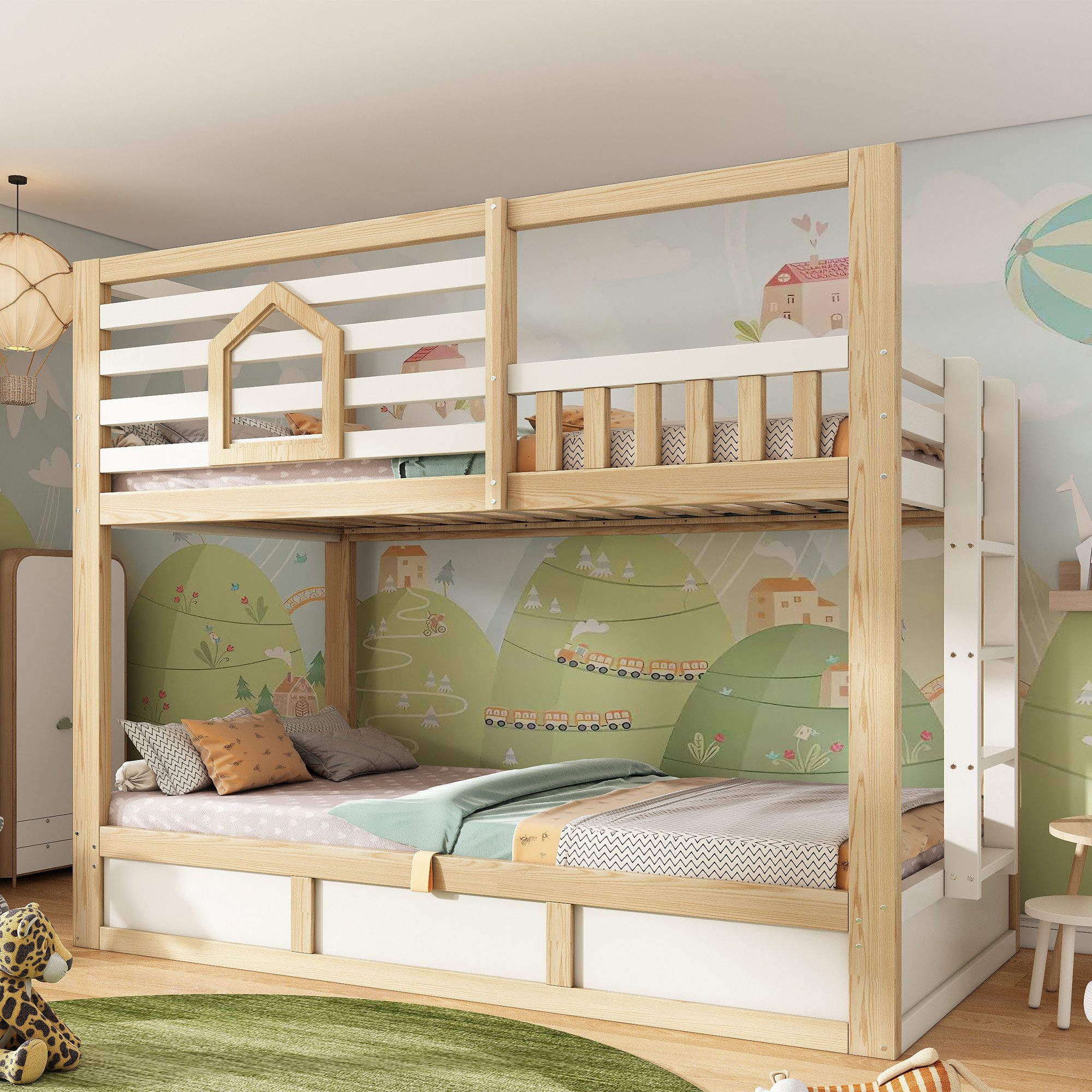 Flieks Etagenbett, Haus-Design Kinderbett 90x200cm mit Hydraulik-Unterbett und Leiter