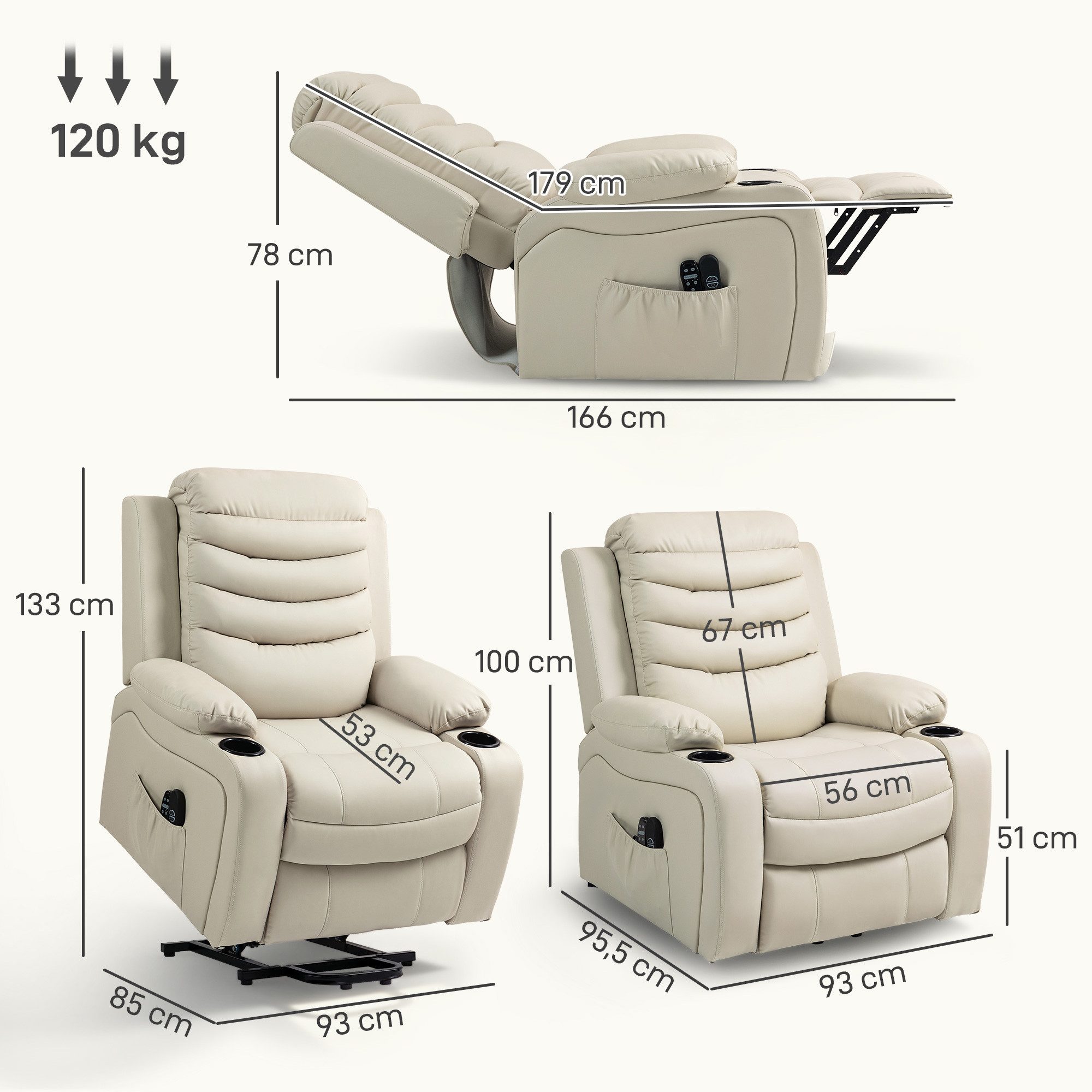 HOMCOM Relaxsessel Elektrisch Massagesessel Liegefunktion (Fernsehsessel, 1-St., TV Sessel), elektrisch verstellbar, Aufstehhilfe, Massagefunktion