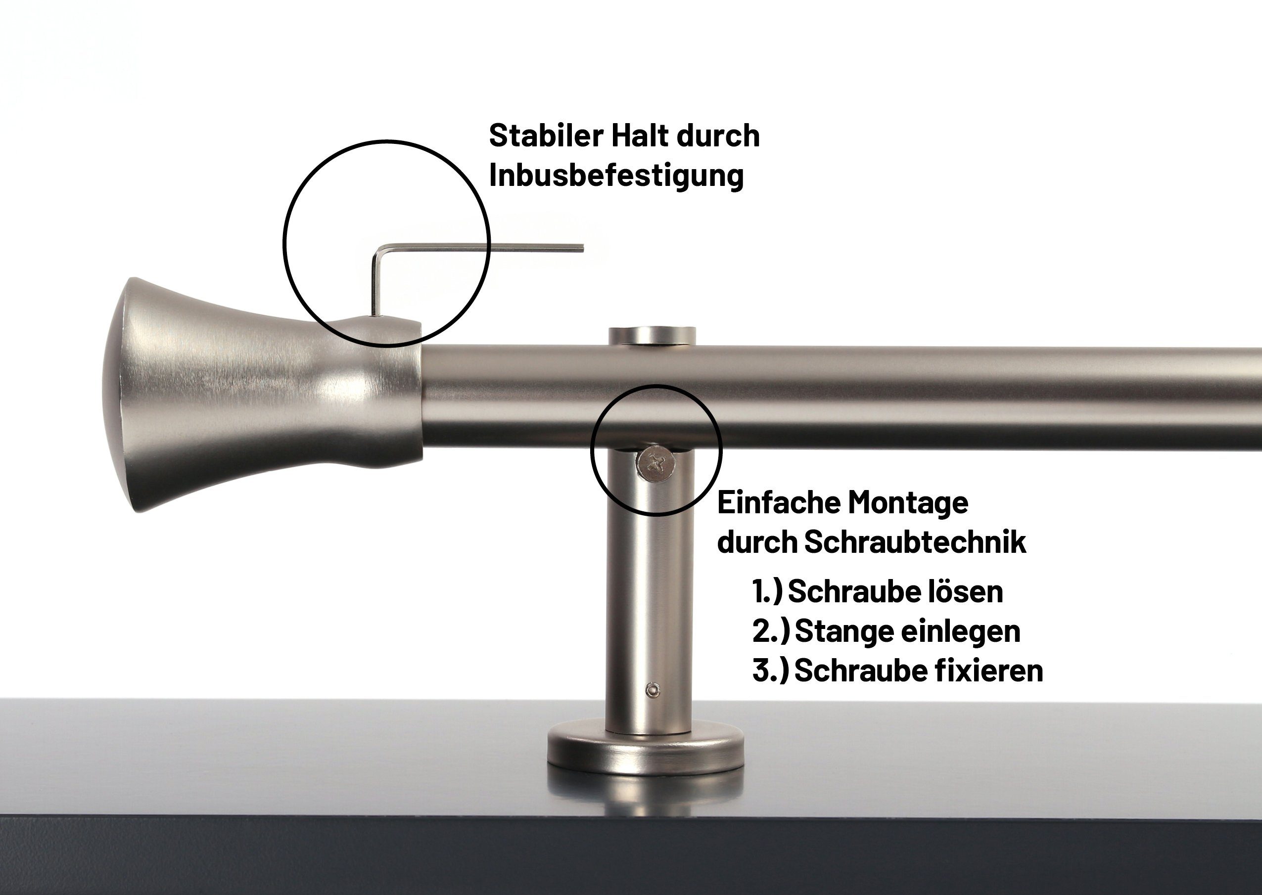 Deco-Raum Gardinenstange Kegel in Edelstahl-optik, Ø 25 mm, 1-läufig, kürzbar, Wunschmaßlänge, Bohren, verschraubt, Metall, Komplett-Set mit Montagematerial