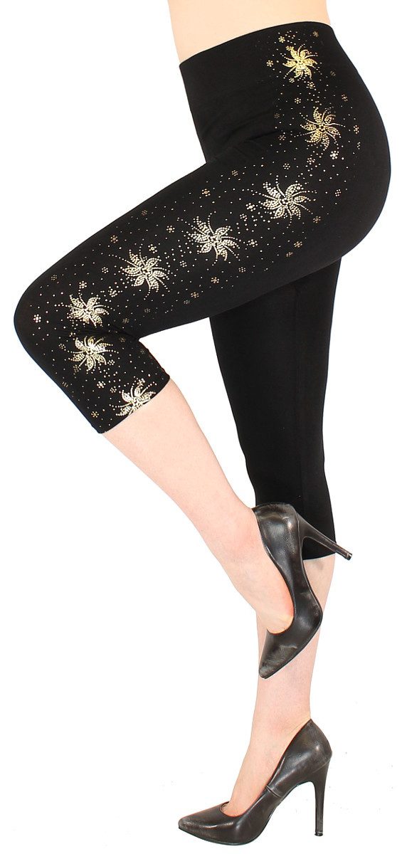 dy_mode Caprileggings Damen Capri Леггинсы 3/4 Sommerleggings mit goldfarbenem Glanzmuster High Waist