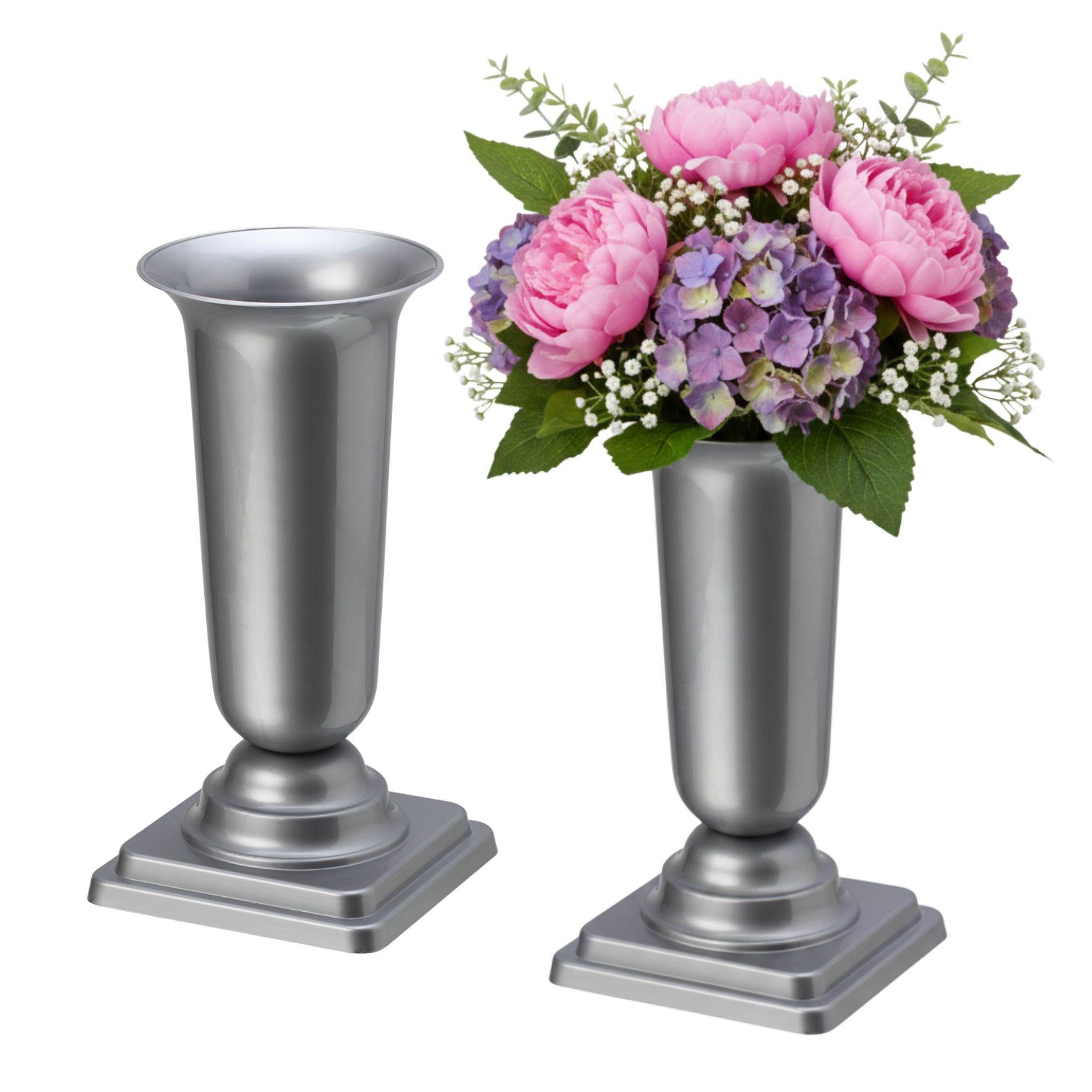 matches21 HOME & HOBBY Dekovase Grabvasen mit Sockel zum Hinstellen 2er Set 31 cm, silber (2 St), Wetterfeste Grabschmuck Kunststoff Friedhofsvasen