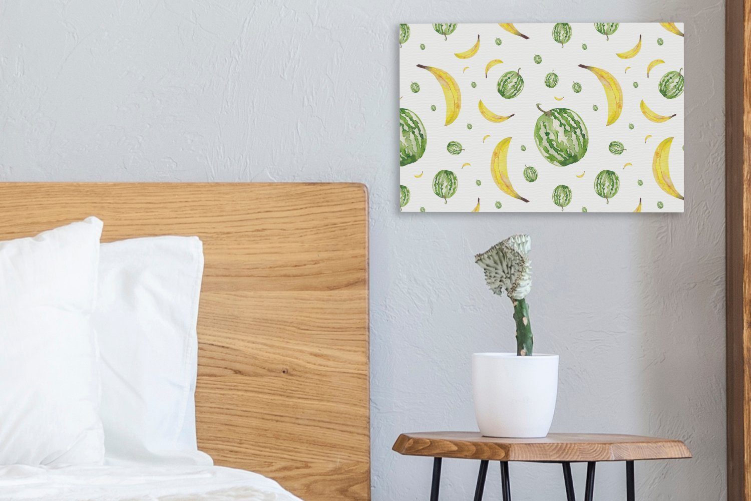 Wandbild 30x20 Wanddeko, - Leinwandbilder, Schablonen, OneMillionCanvasses® cm Melonen Aufhängefertig, Bananen - St), (1 Leinwandbild