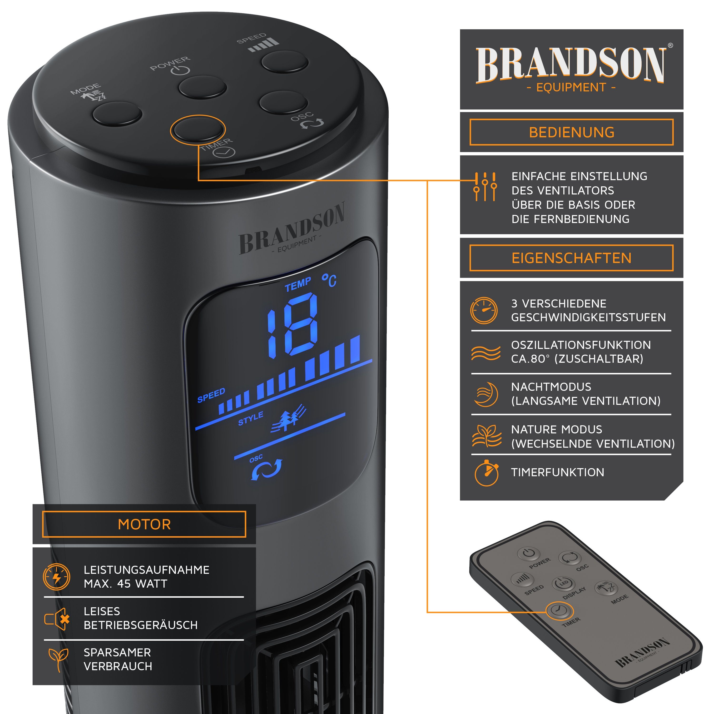 Brandson Timer, Turmventilator, Oszillation Standventilator 96cm, Cool Grey 65°, Fernbedienung,