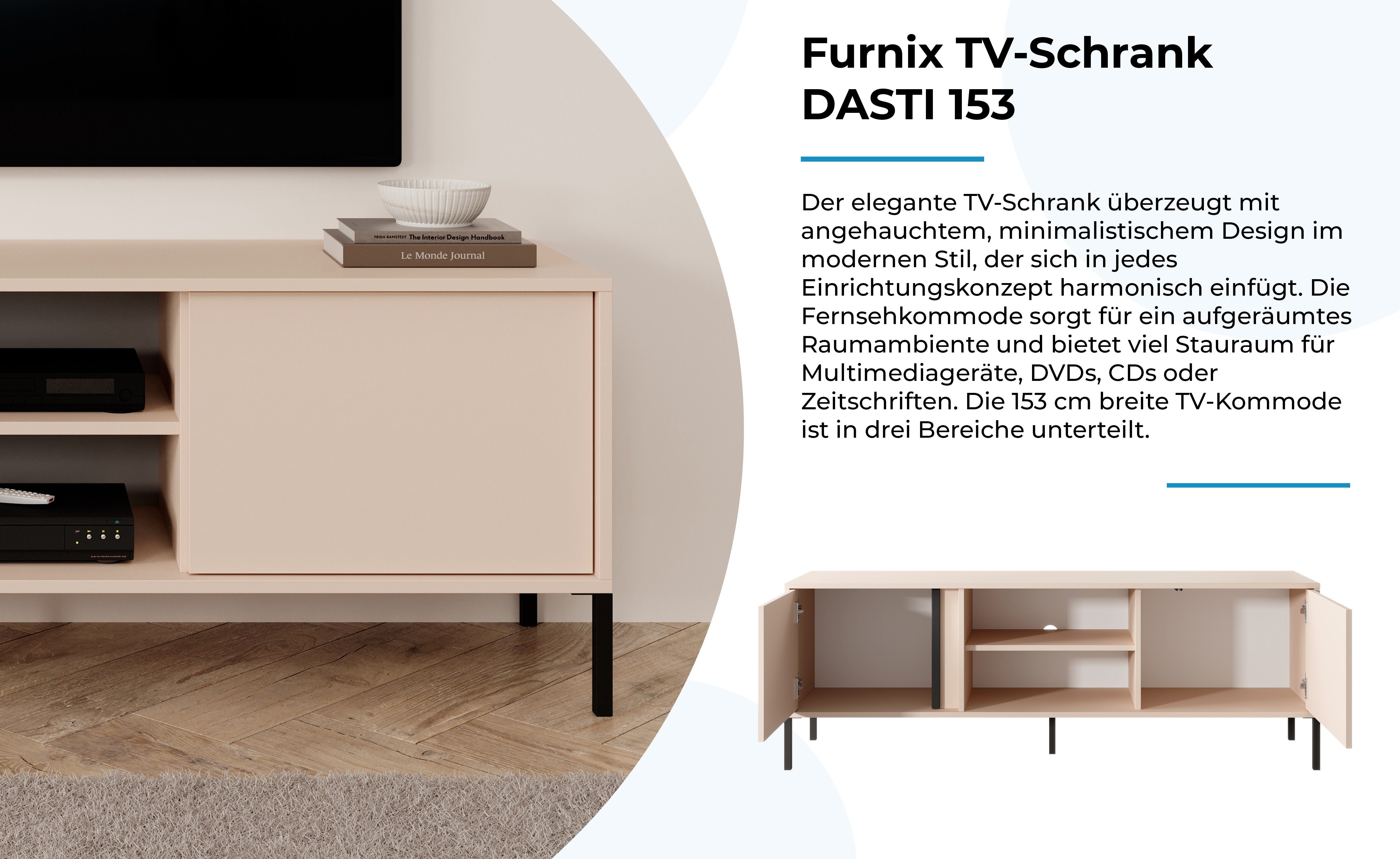 Made x Metallfüßen B153,1 153 T39,5 DASTI Türen Furnix EU TV-Schrank Beige Fernsehschrank mit und cm, in x H53,4