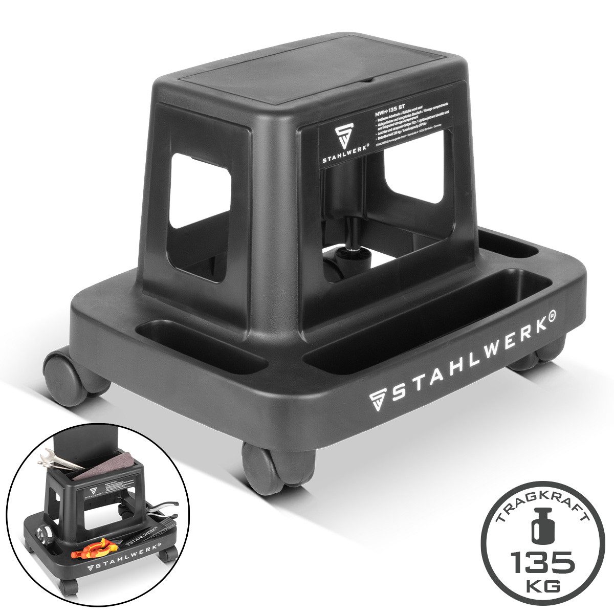 STAHLWERK Werkstattwagen Mobiler Werkstatthocker 135 kg Rollhocker Werkstattsitz mit Innenfach, max. Traglast:135 kg, (1-tlg)