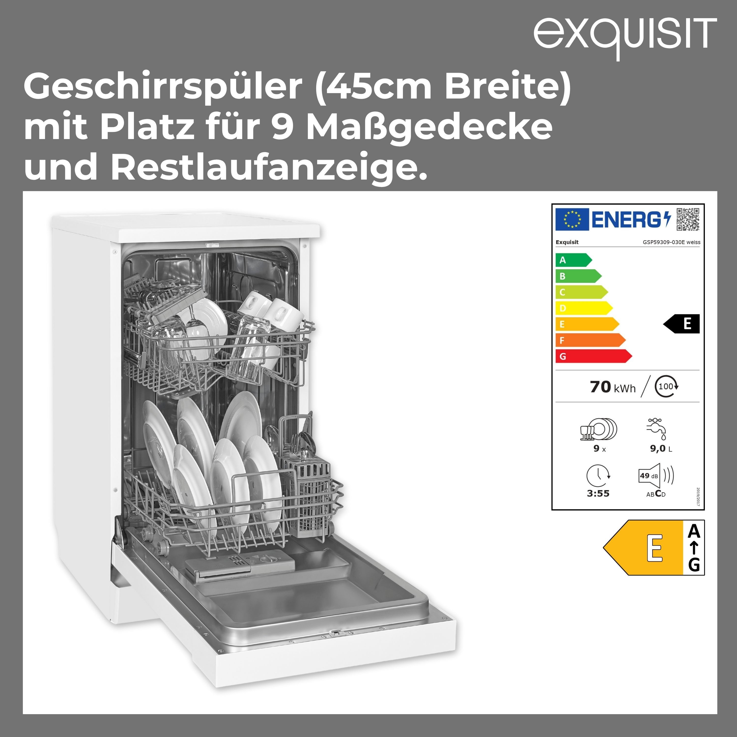 exquisit Standgeschirrspüler PLUS GSP59309-030E, 9 l, 9 Maßgedecke, 45 cm Breite, Unterbaufähig, 9 Liter, einfache Bedienung