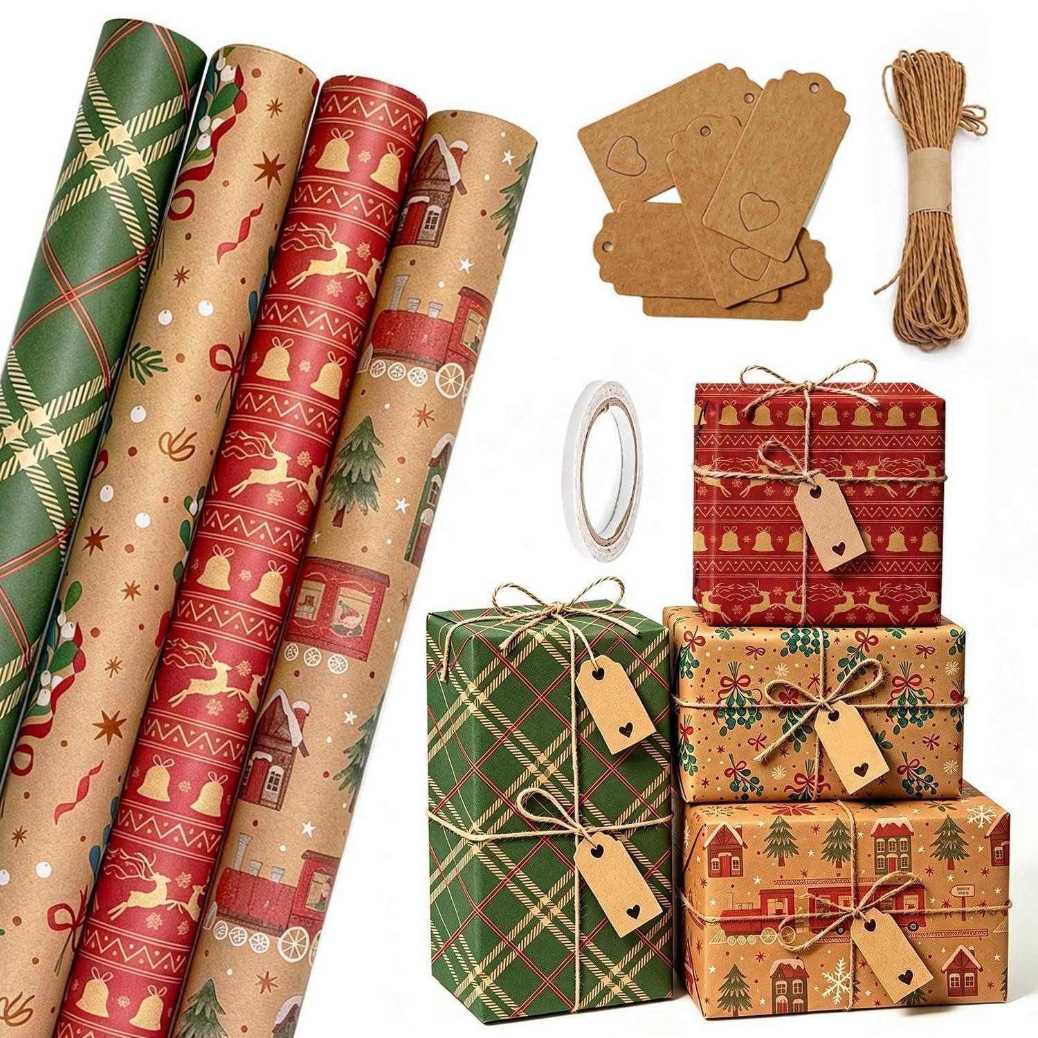 LuxusKollektion Geschenkpapier Geschenkpapier Weihnachten Kraftpapier 4 Rollen, (4St)