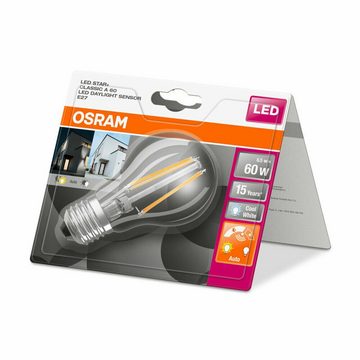 Ledvance LED-Leuchtmittel Osram LED E27 A60 Filament Klar 6.5W =60W Neutralweiß Tageslichtsensor, E27, Neutralweiß