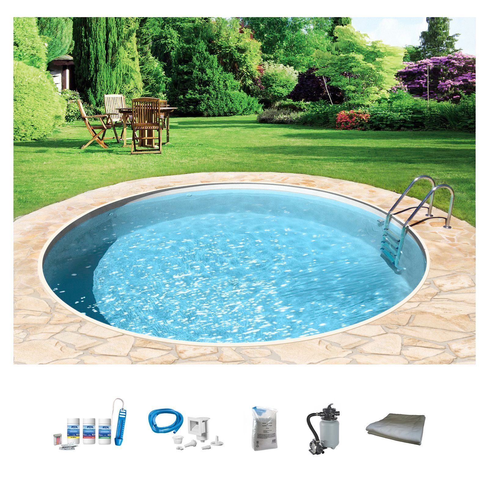 my POOL BWT Rundpool mit sandfarbener Folie für den Karibik Look (Komplett-Set, 6-tlg), Höhe: 120 cm, inkl. Zubehör, in versch. Größen verfügbar