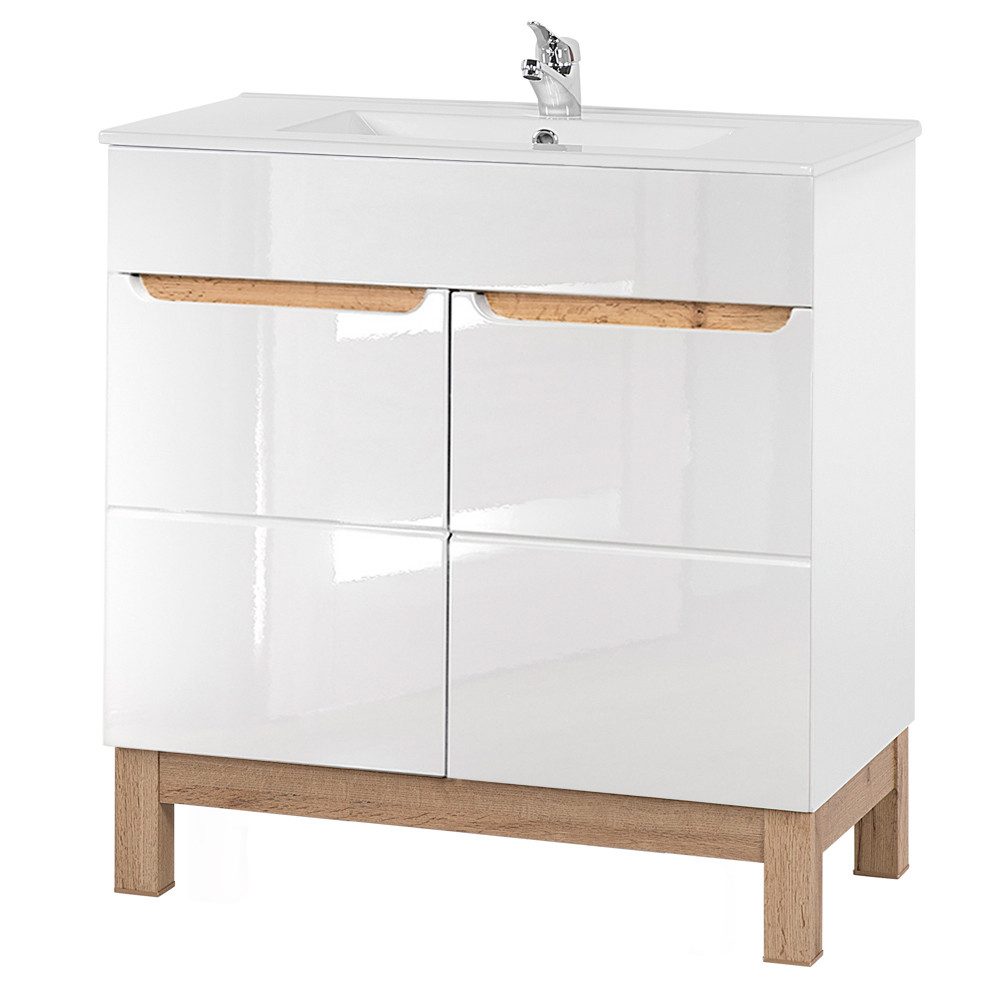 Lomadox Waschtisch SOLNA-56, inkl. 81 cm Keramikbecken Hochglanz weiß mit Wotaneiche, 81x85x46cm