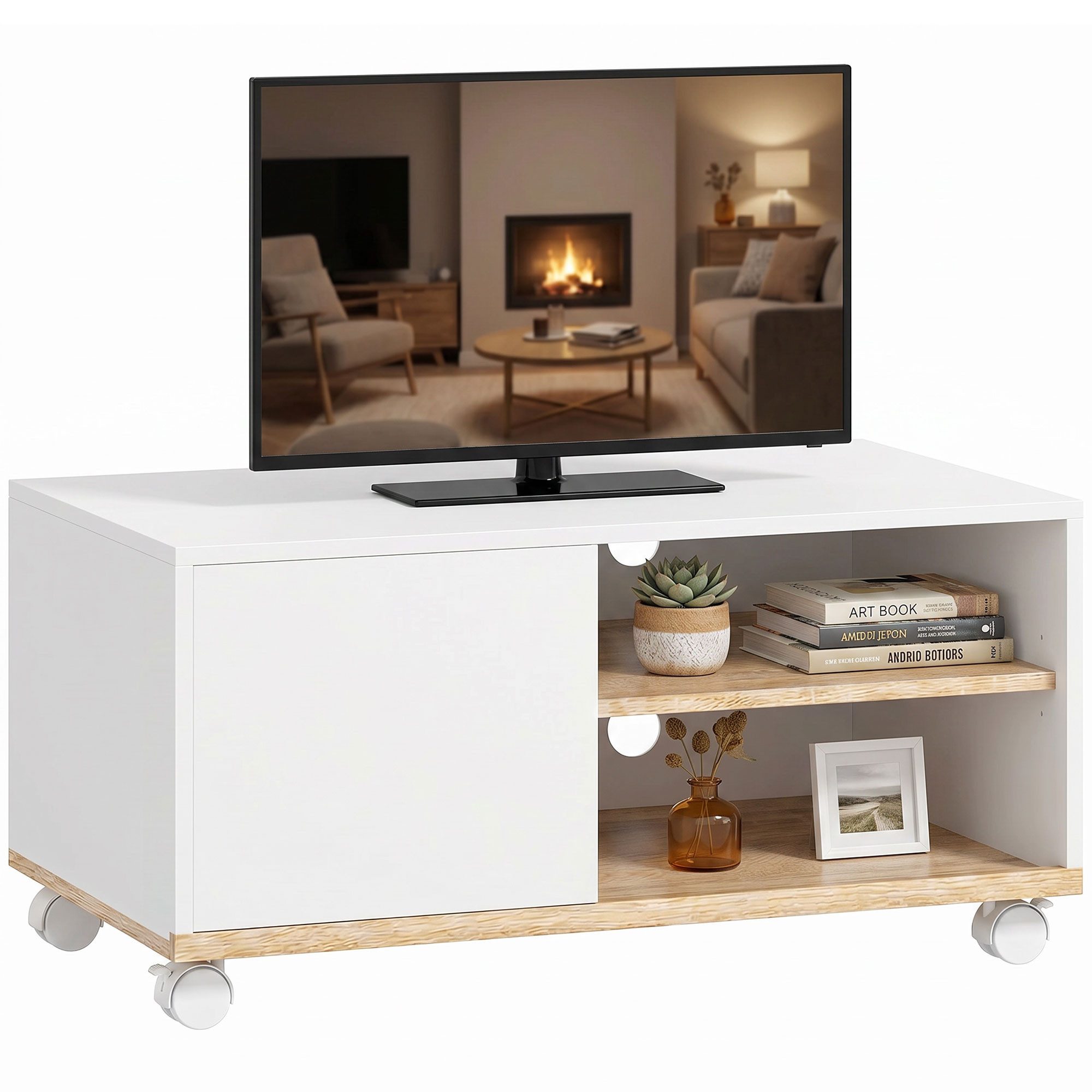 HOMCOM TV-Board Fernsehtisch für Fernseher bis 32 Zoll (Lowboard auf Rollen, 1 St., 1 TV-Schrank), Mit Rollen und Kabelführung, für 32 Zoll TV