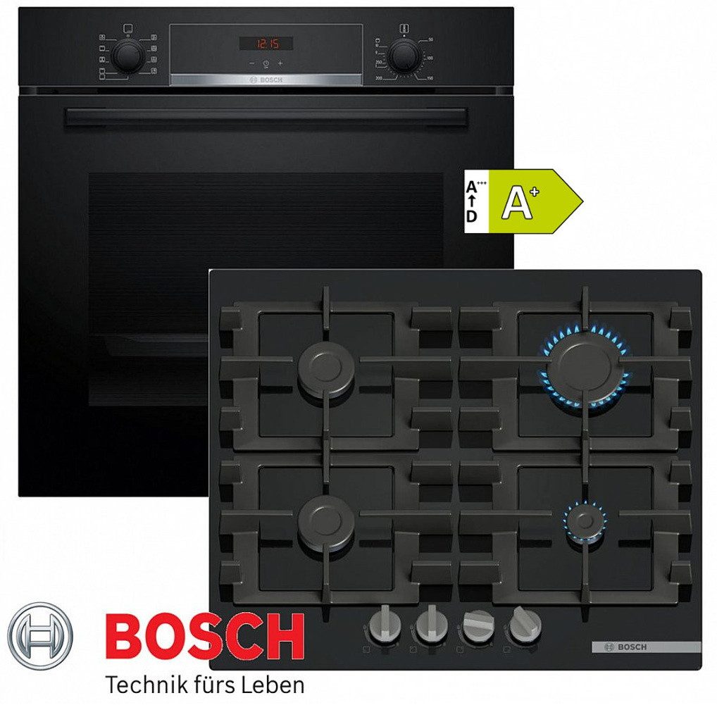BOSCH Gasherd-Set Gas Autark Elektro Backofen Schwarz Teleskop + GAS Kochfeld Glas, mit 1-fach-Teleskopauszug, -Reinigungsassistent: Weniger Reinigungsaufwand dank neuer Reinigungsoption speziell für leichte Verschmutzungen.