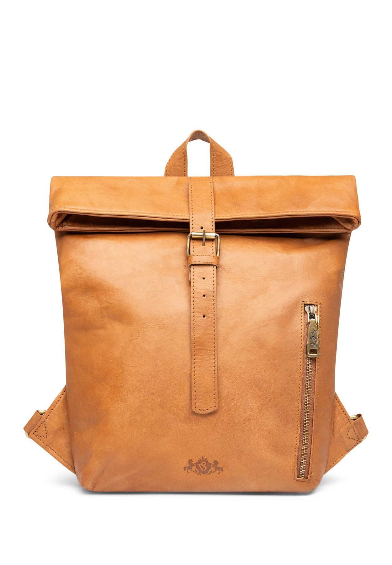 SID & VAIN Rucksack echt Leder Rucksack BRODY 15 Zoll Laptop Fach hellbraun, Rolltop Rucksack echt Leder Damen Herren vintage hellbraun