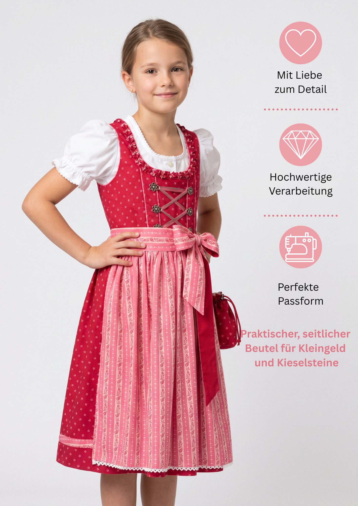 Nübler Dirndl Kinderdirndl 3-teilig Diana in Beere von Nübler - Rocklänge knielang 2 teiliges Set aus Damen Dirndl und Schürze, moderne Tracht